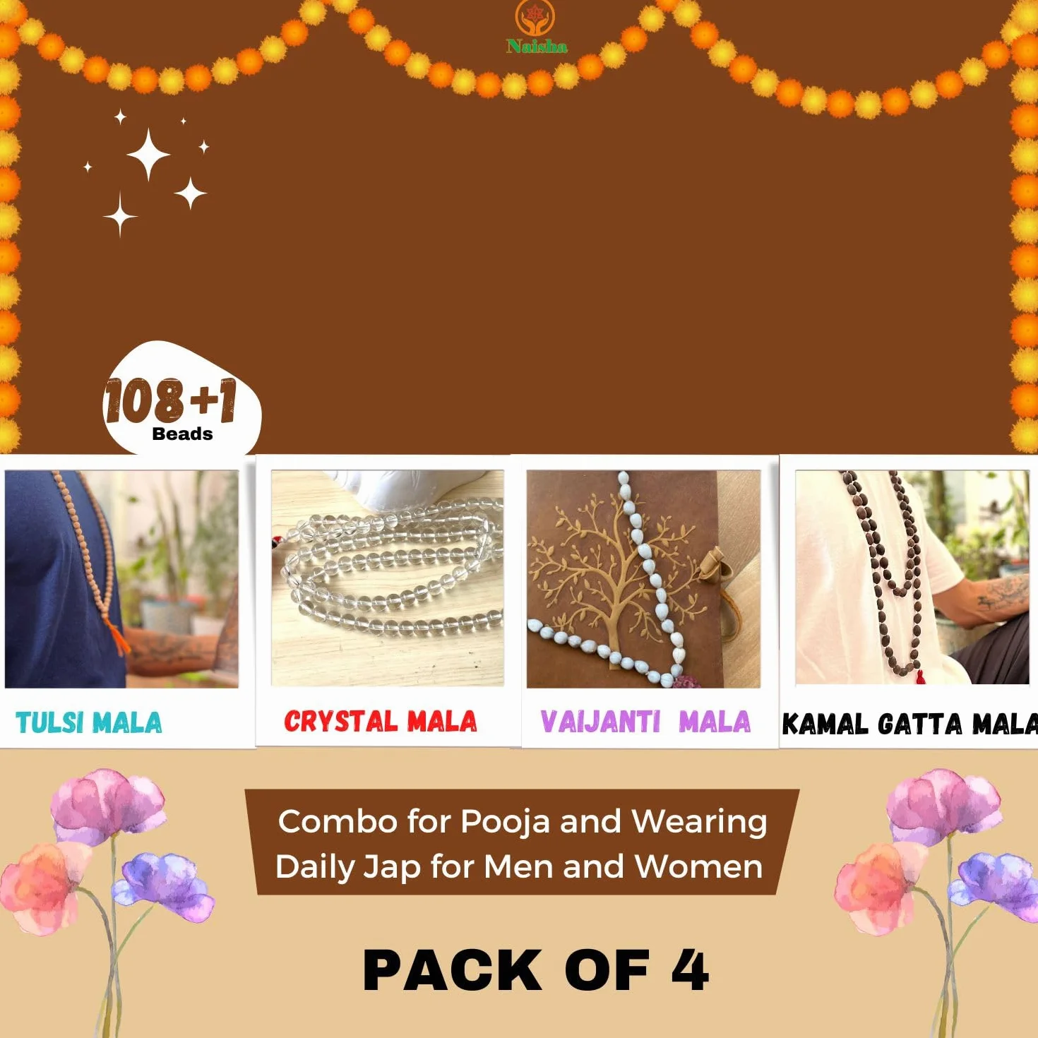 Naisha Confezione da 4 perline Tulsi Japa Mala, Kamal Gatta Mala (semi di loto), originali Vaijanti Mala e cristallo di agata Sphatik, 108+1 perline bianche