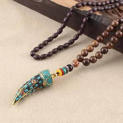 Gioielli Fatti A Mano del Nepal Buddista Mala Perline di Legno Collana con Pendente Etnico Corno di Bue Collana Lunga Dichiarazione for Donna Uomo (Color : Style1)
