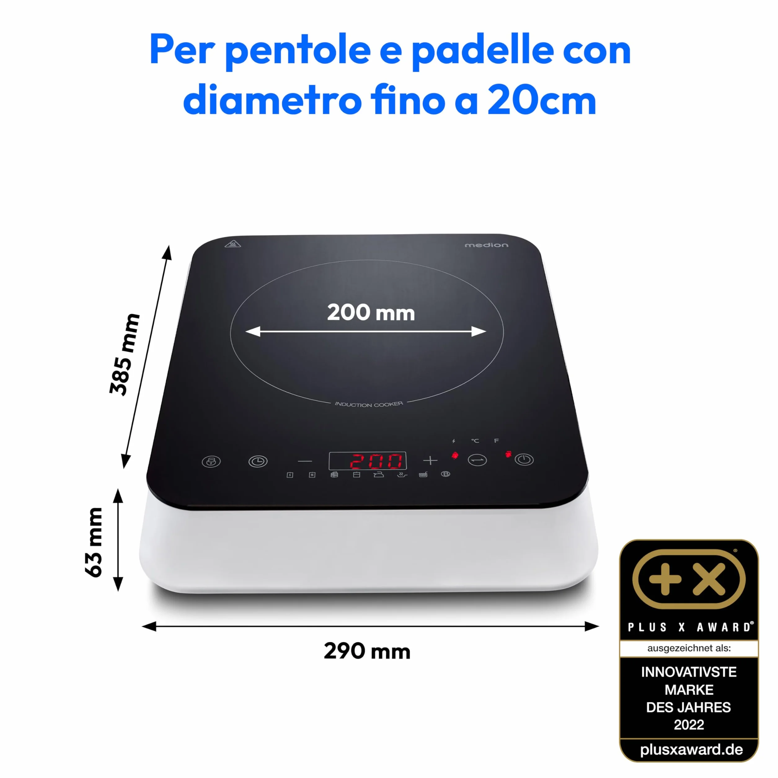 Piano di cottura a induzione MEDION (singolo, 2000 watt, piano di cottura a induzione, 8 programmi automatici, rilevamento automatico delle pentole, sensor touch, display LED