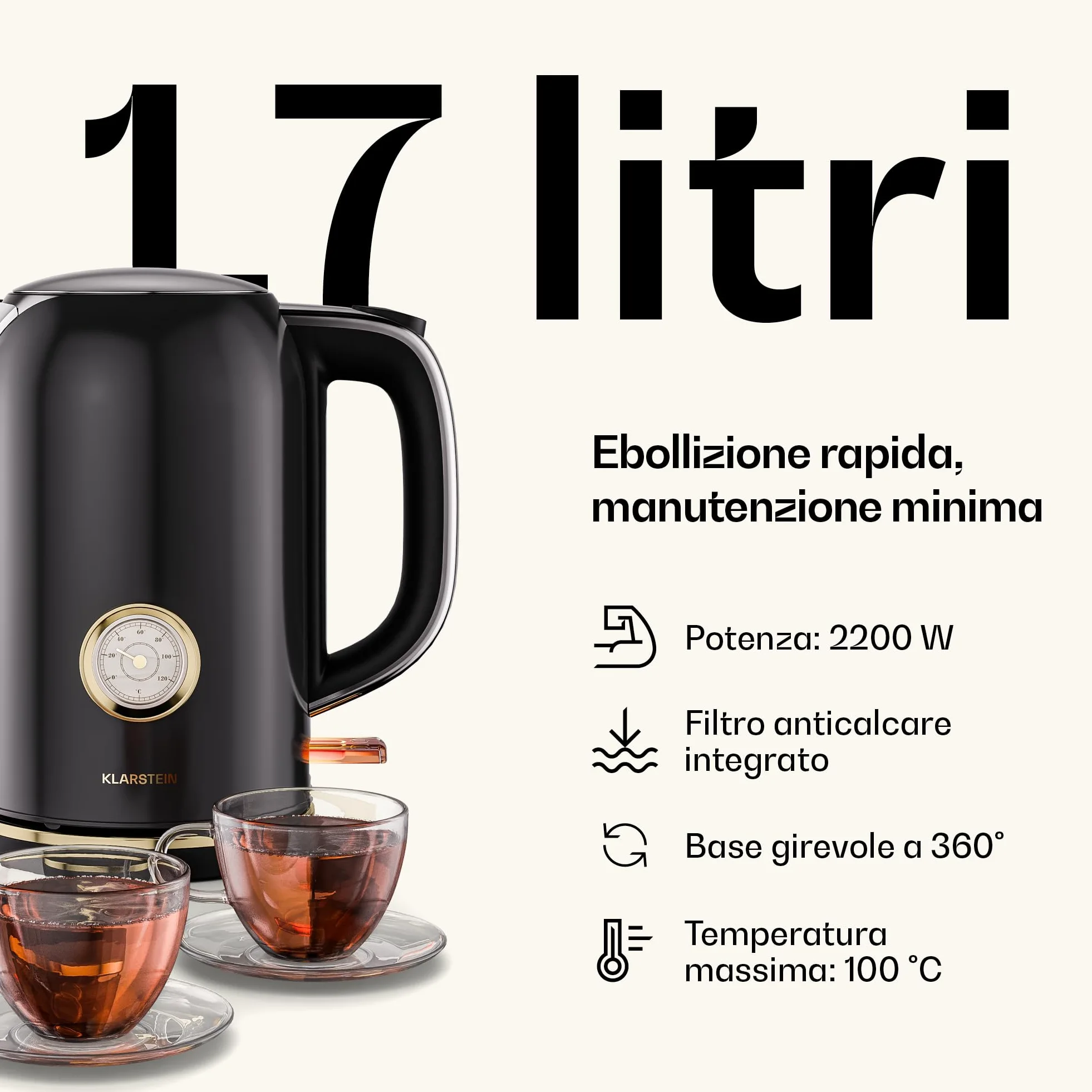 Klarstein Victoria Essential Set per la Colazione - Tostapane 2 Fette con 7 Livelli, Vassoio Raccogli Briciole, Supporto Panini, Bollitore Elettrico 1,7L con Filtro Anticalcare, Nero