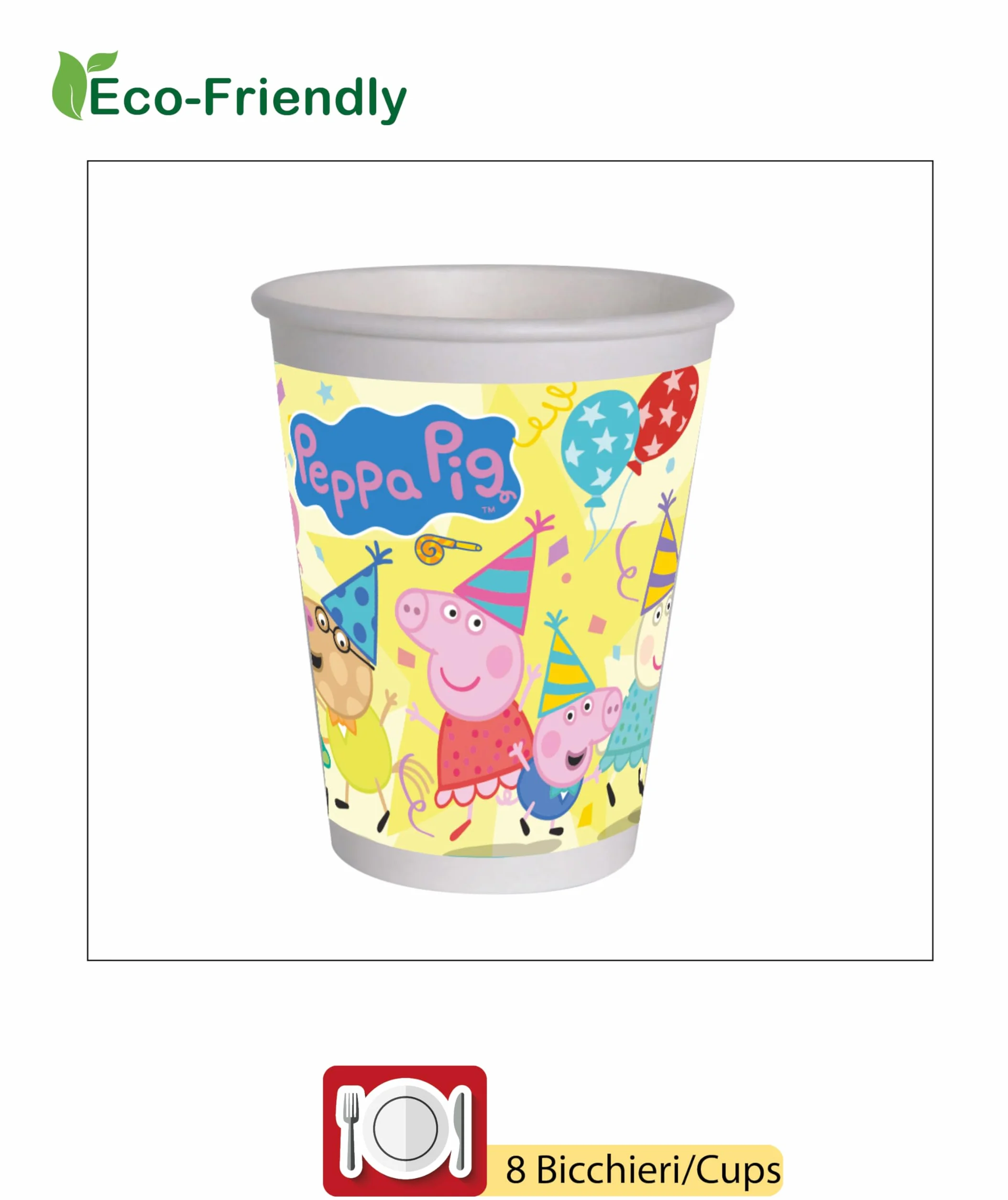 Peppa Pig Kit Party Tavola Compleanno 8 Persone 44 Pezzi Piatti Bicchieri Tovaglioli Carta Compostabile