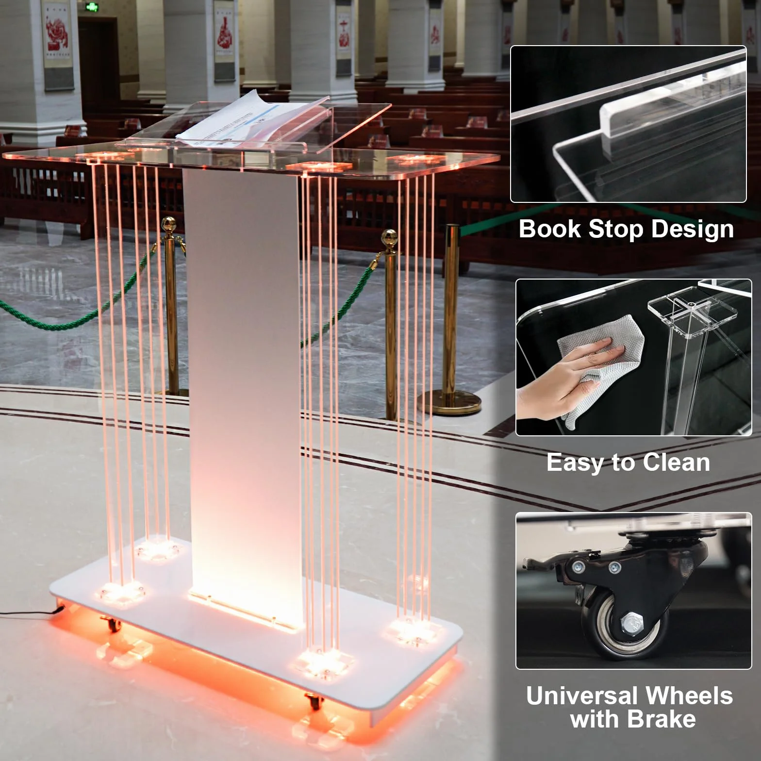 Afitdon Chiesa pulpito, in Acrilico Trasparente con Ruote e 15 Colori Regolabili, Luce a LED, in Acrilico, Grande Supporto per Chiesa, concerti, conferenze, Matrimoni, aule (40 x 17,7 x 46,6")