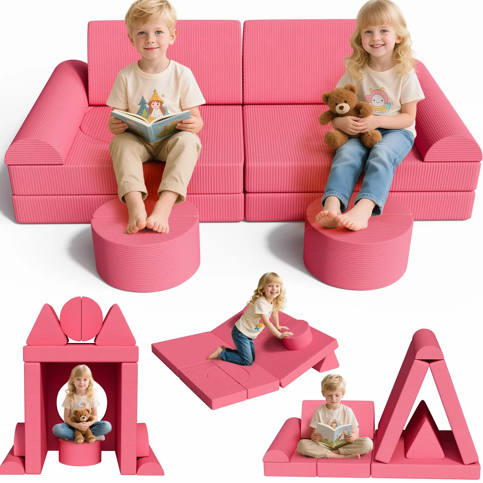 Divano per Bambini 15 Pezzi, Divano da Gioco per Bambini, Divano Gioco Modulare in Schiuma, per Camera da Letto e Sala Giochi, Mobili Creativi per Sala Giochi, Regalo bambini, Velluto a Coste (Rosa)