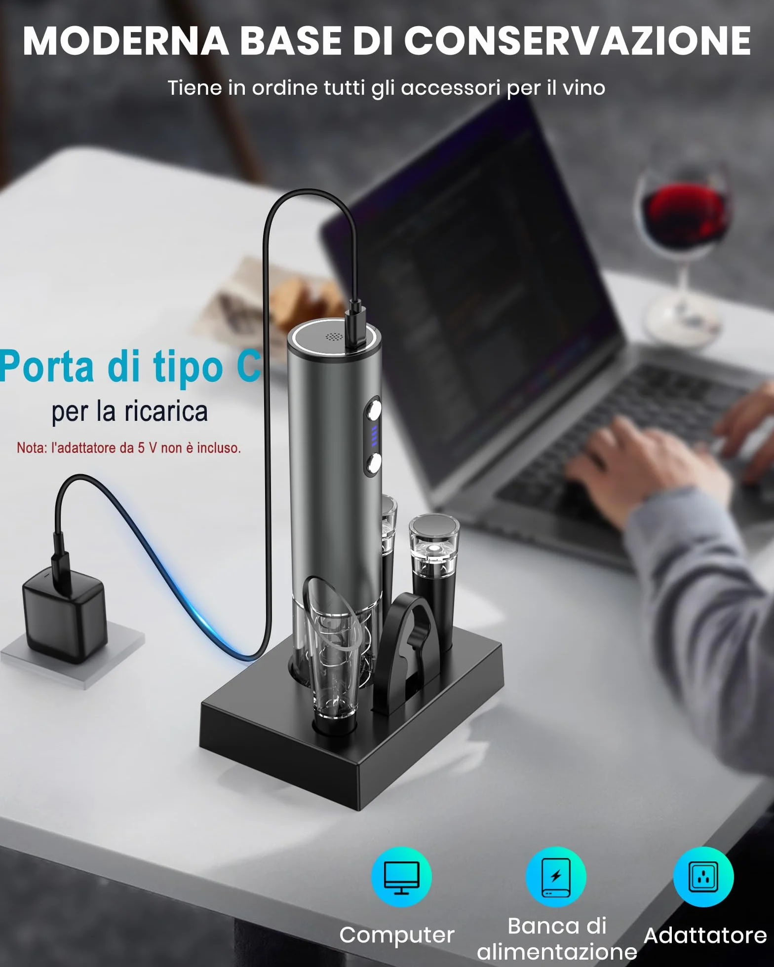 Cavatappi elettrico ricaricabile inox apribottiglie con aeratore vino 2 tappi sottovuoto taglierina alluminio USB
