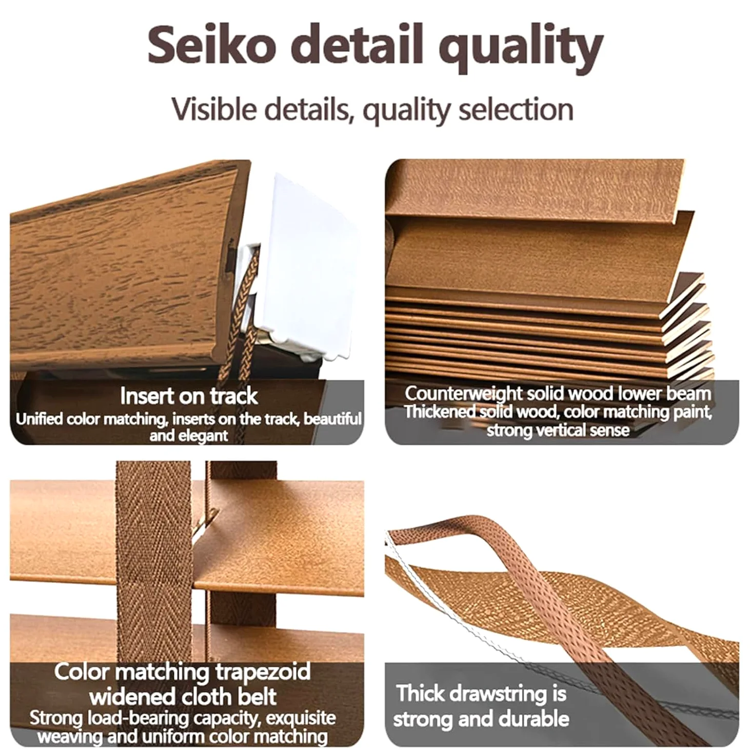 Veneziane in Legno, Tende Orizzontali, Tende in Legno a Doghe Larghe 333 mm, Veneziana Senza Foratura, Veneziane per Interni, per Camera da Letto/Soggiorno/Ufficio/Balcone, Personalizzabile