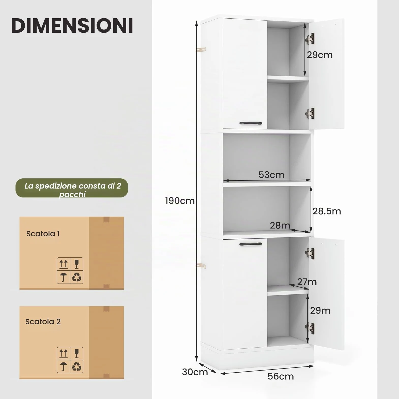 GIANTEX Credenza da Cucina Alta 190 cm con 4 Ante, 2 Scomparti Aperti e 6 Ripiani, 4 Kit Antiribaltamento, Armadio Portaoggetti per Cucina e Bagno