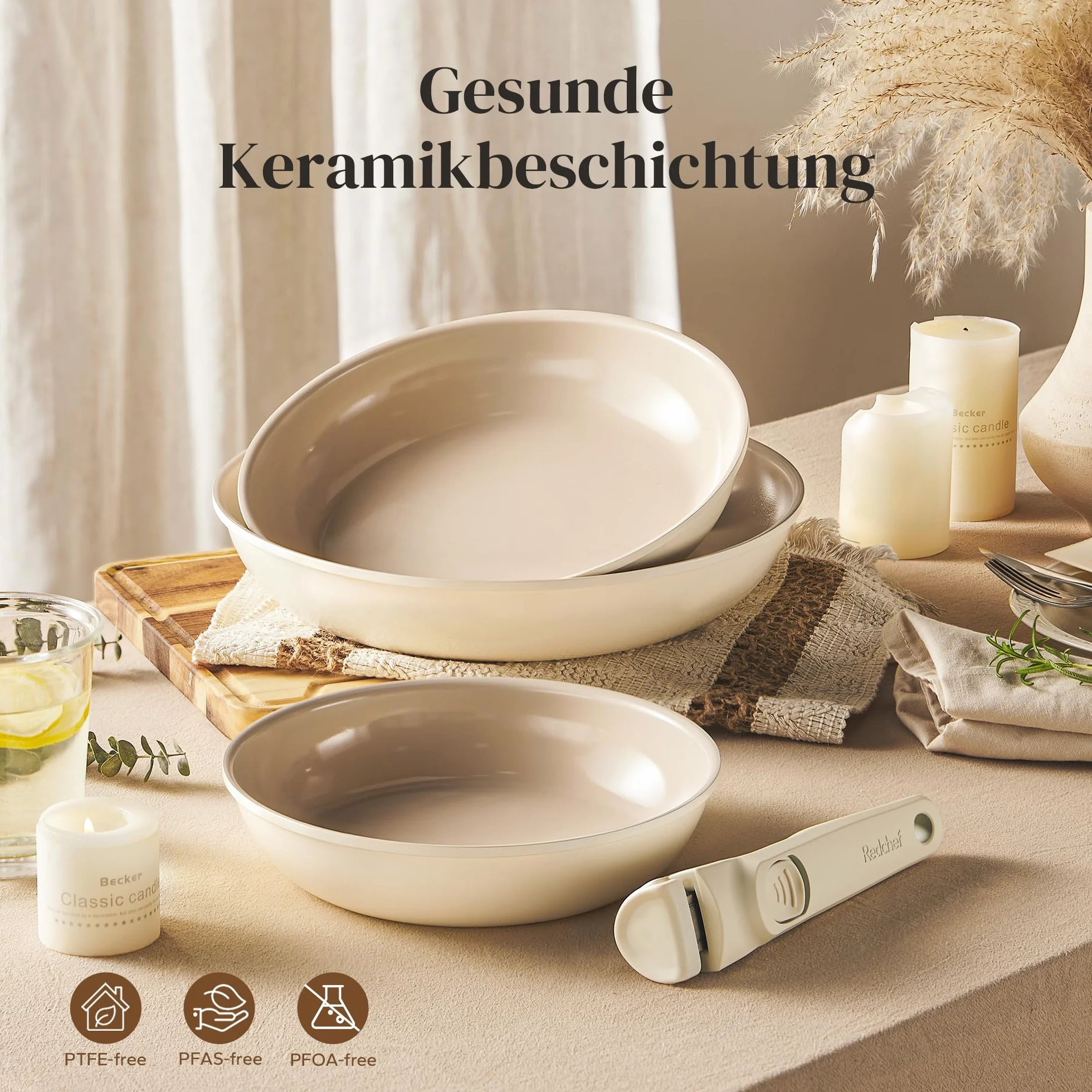 Redchef Set di Padelle con Manico Rimovibile, Padella in Ceramica con Antiaderente in Granito, Adatto All’Induzione, Padella 20, 24, 28 cm, Salvaspazio, Senza Ptfe & Pfoa & Pfas, Beige