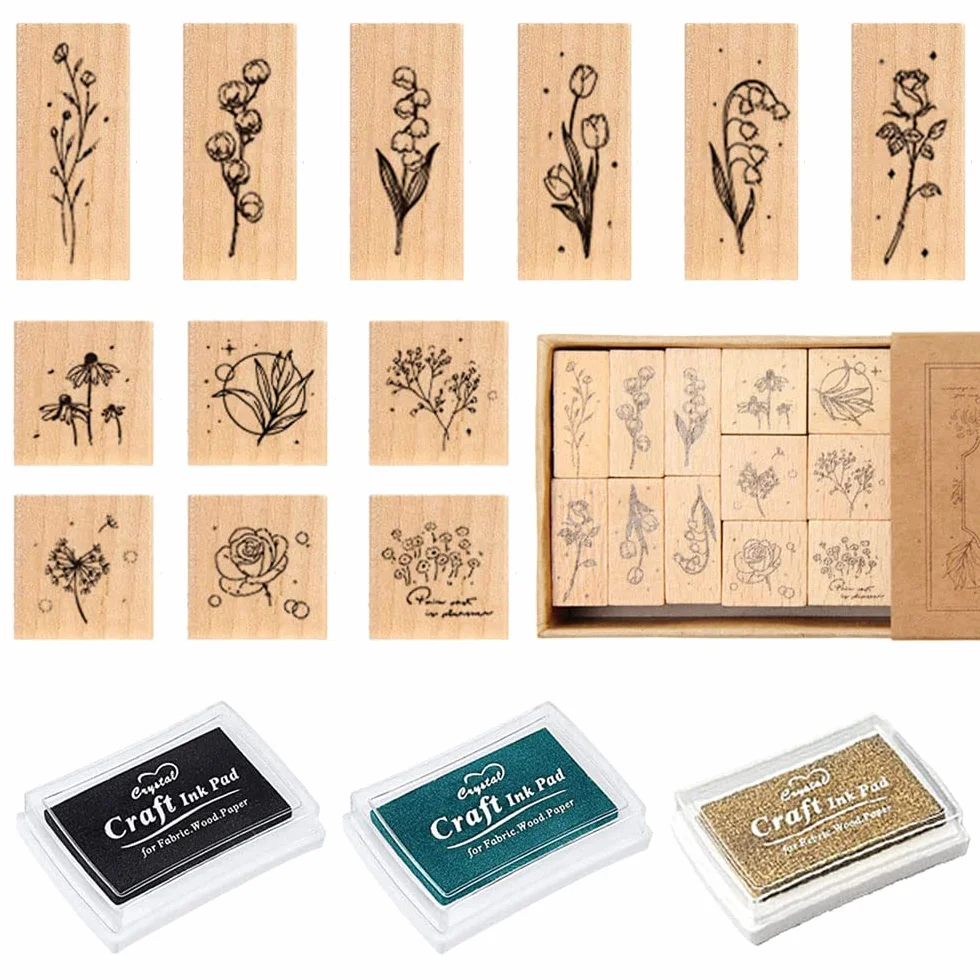 12 Pezzi Legno Timbro Set in Gomma Timbri in Legno Fiori,Foglie e Piante Timbri Vintage Decorativi con Tamponi di Inchiostro a 3 Colori per Carta,Scrapbooking,Naturale Decorare