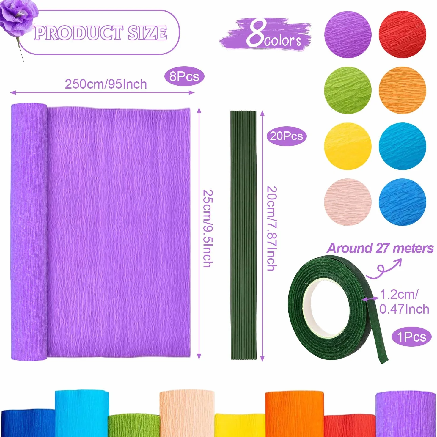 Carta Crespa Colorata 8 Colori 25x250cm con Nastro Verde e Steli Filo Floreale