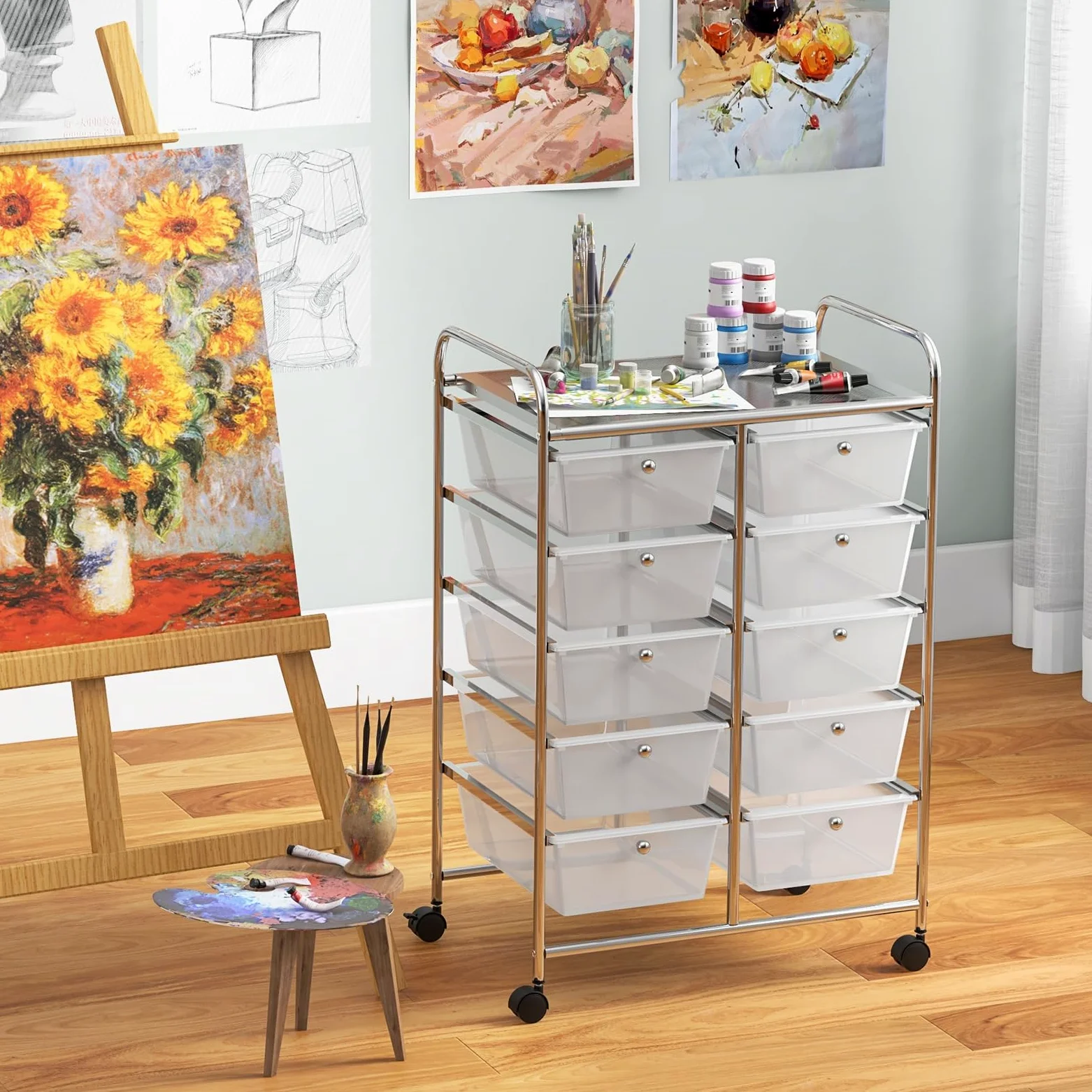 GIANTEX Carrello con 10 cassetti, impilabile, carrello per cassetti, carrello da cucina con ruote bloccabili, carrello per cucina, bagno, ufficio, 65,5 x 37 x 87 cm, trasparente