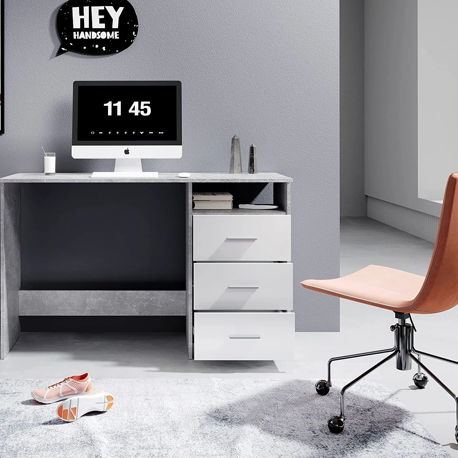AVANTI TRENDSTORE - Adria - Scrivania con 3 cassetti bianchi ed 1 vano aperto, in legno laminato, disponibile in 3 diversi colori (Grigio)