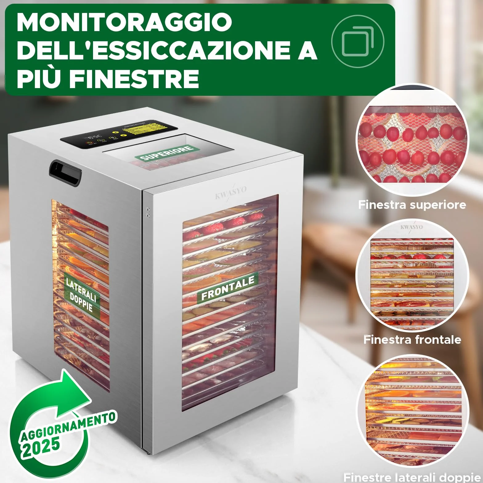 Kwasyo Essiccatore Alimenti 15 Vassoi Inox, 1200W Doppia Ventola, per Carne, Frutta, Snack Cani, Erbe, Temp. Regolabile 90°C, Timer 24H, Finestre Multiple, Essiccazione Potente