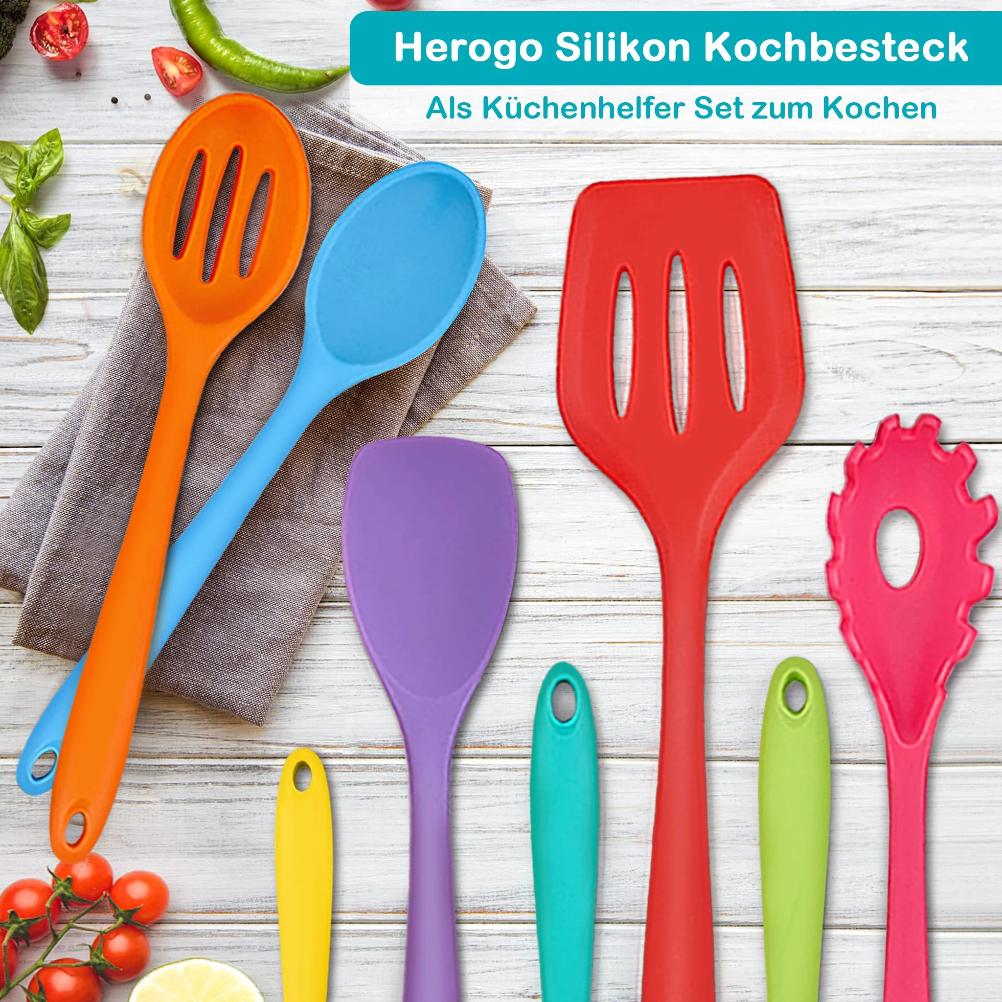 Herogo Set di 8 posate da cucina in silicone, antiaderenti, resistenti al calore, set di utensili da cucina, con spatola in silicone, cucchiaio/paletta, mestolo, colorato