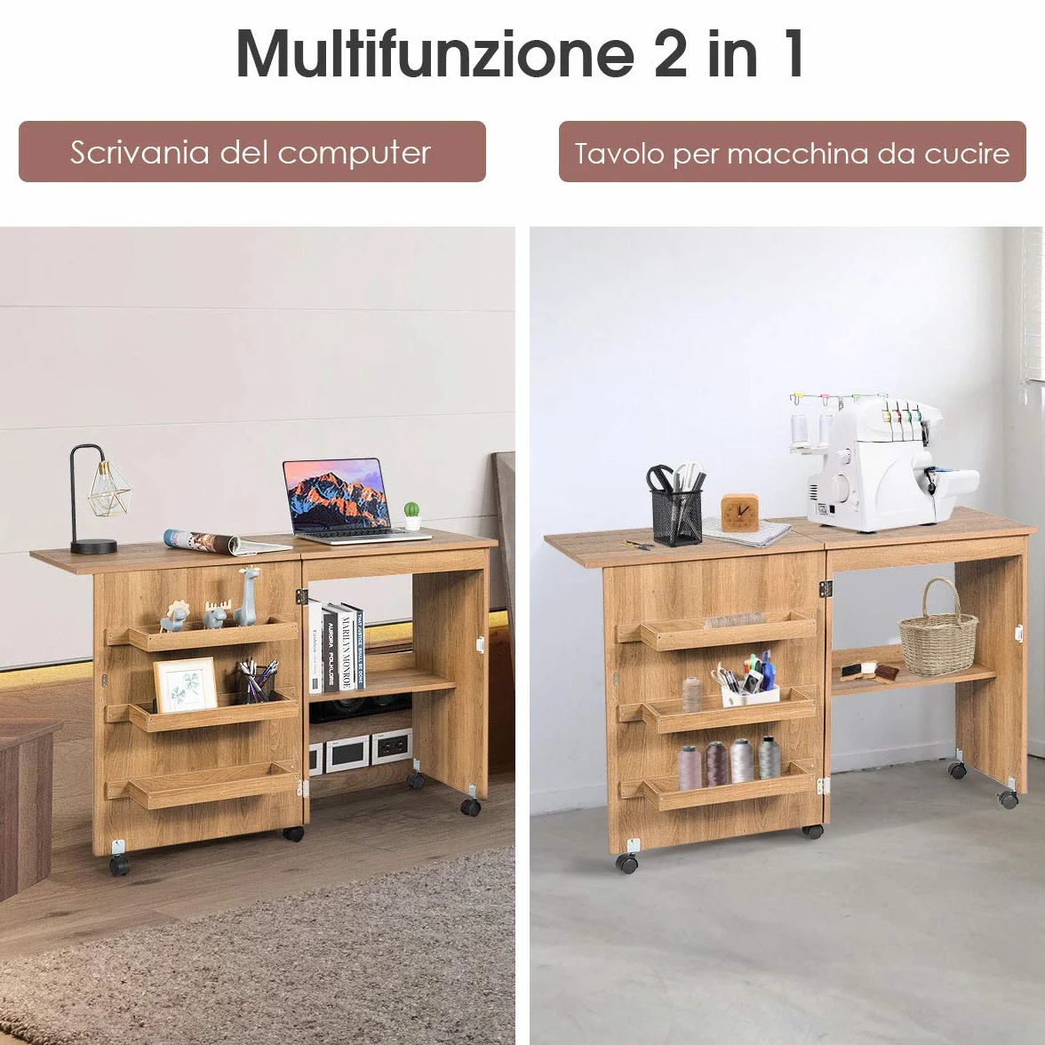 GOPLUS Mobiletto Cucito Pieghevole con Mensole e 5 Ruote Armadietto per Cucito Tavolo Allungabile per Macchina da Cucire 117x77x40 cm (Legno)