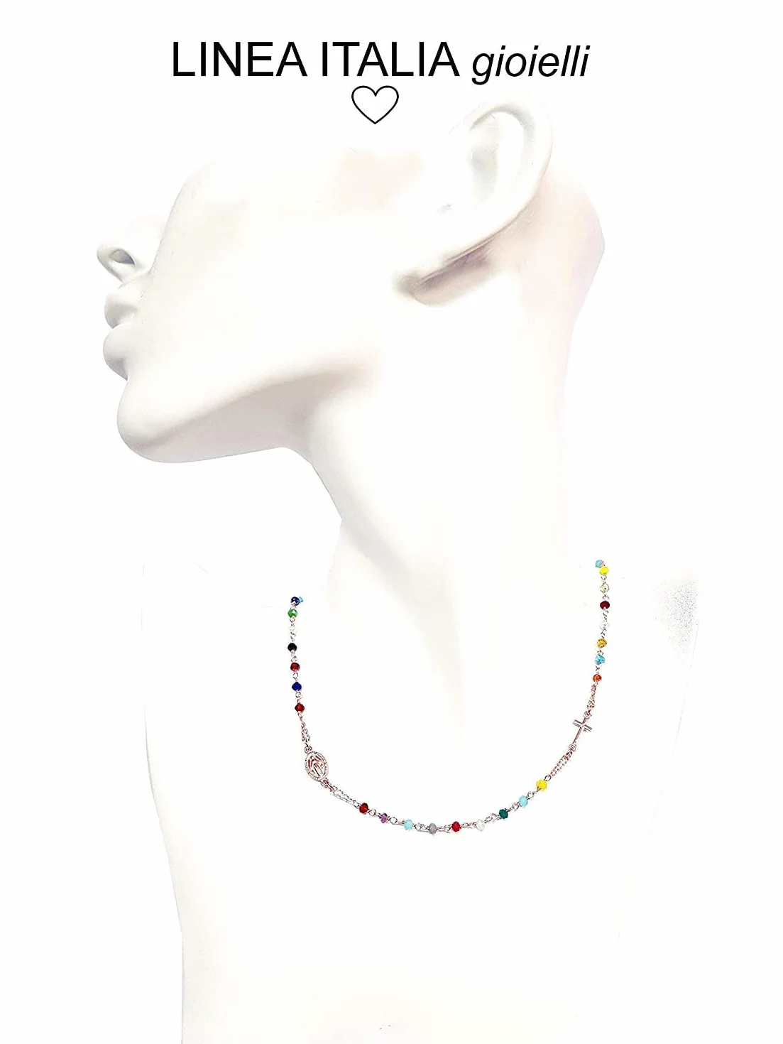 Linea Italia Gioielli Collana Rosario Girocollo Donna Argento 925 Placcato Rosa Pietre Colorate Croce Medaglietta Madonna Made In Italy