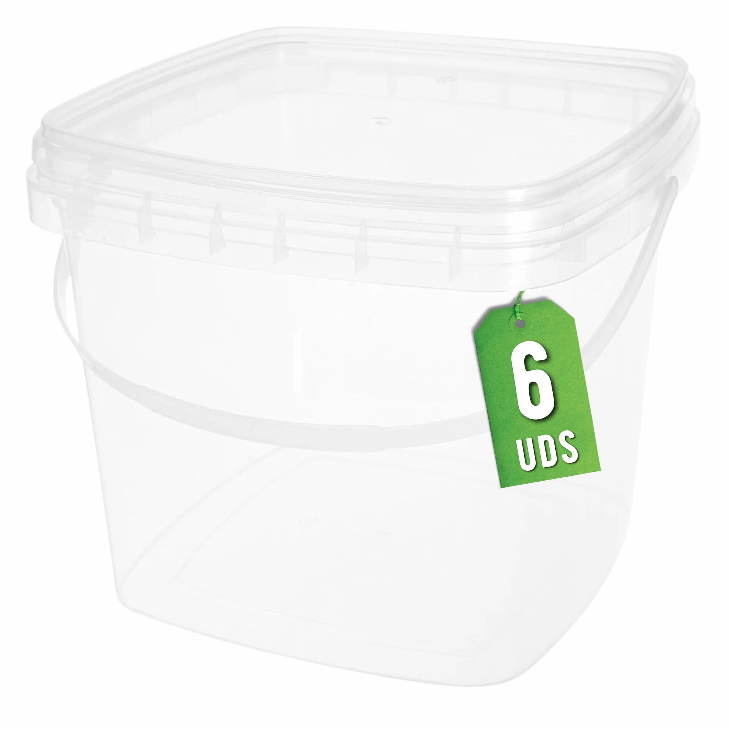 Üka • 6 Secchi Trasparenti in Polipropilene da 5,4 L - 20x20x20,5 cm. Secchi Plastica Rigida con Coperchio. Contenitori Ermetici per Alimenti. Secchi Vuoti con Manico. Design Impilabile e Senza BPA.