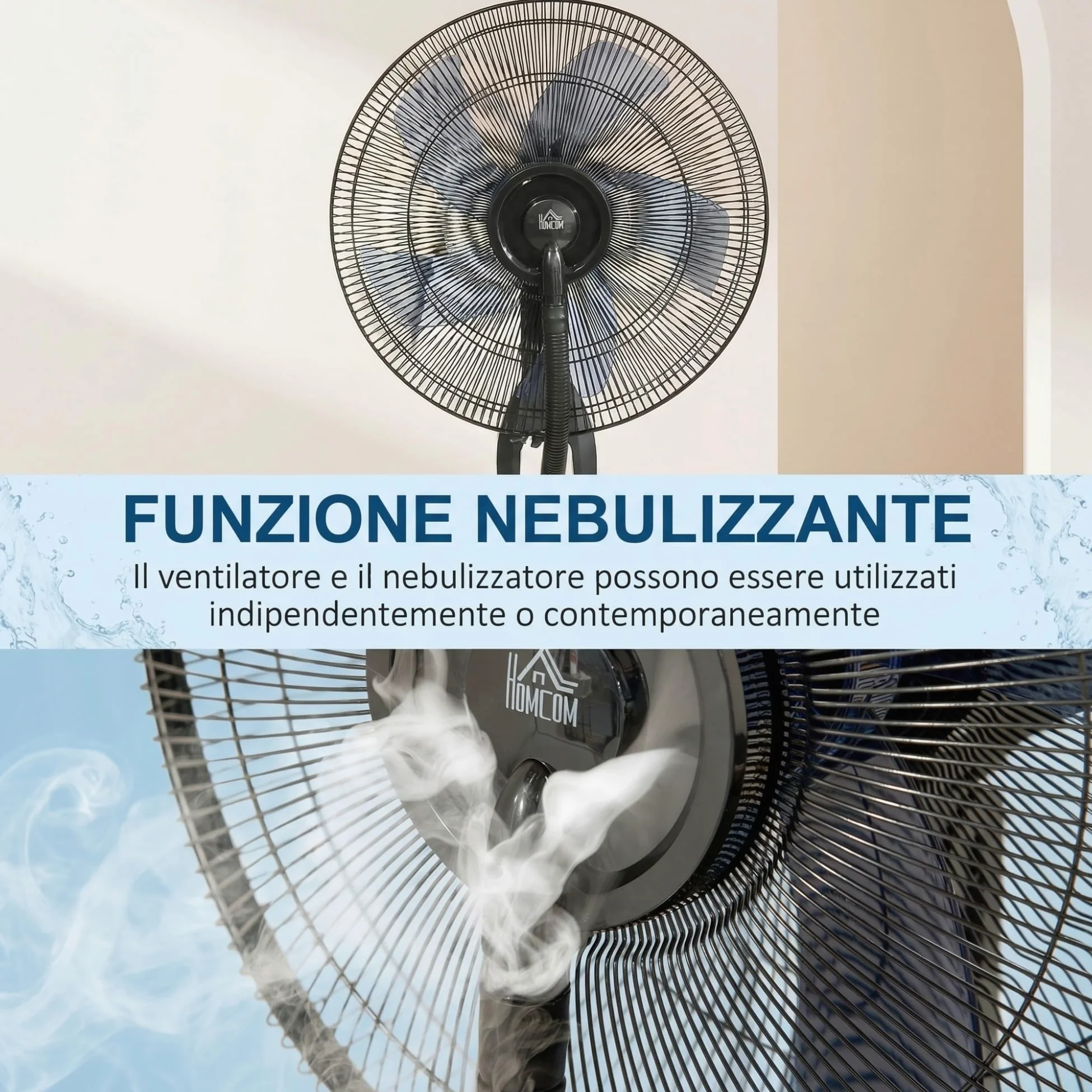 HOMCOM Ventilatore Nebulizzatore 90W con 4 Velocità e Serbatoio 2.8L, Ventilatore a Piantana con 4 Ruote, Metallo PE ABS, 44.5x44.5x120 cm, Argento e Nero