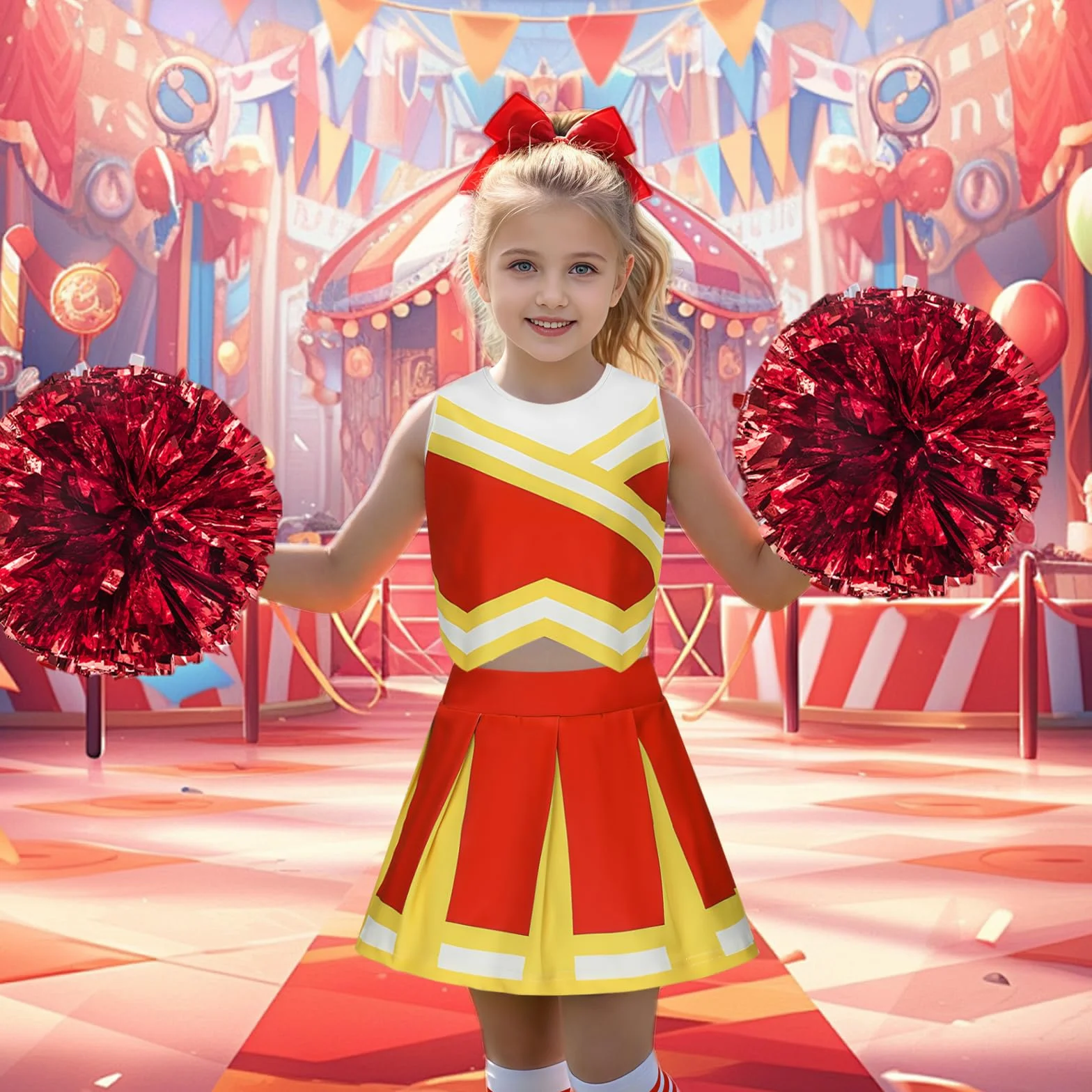 Costume Cheerleader per Bambina con Parrucca Brillante, Pompon e Fiocco per Carnevale Halloween