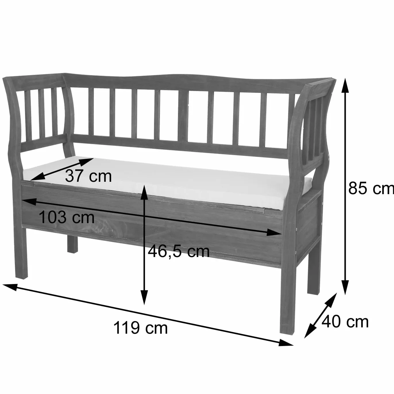 Mendler Panca cassapanca 119cm con cuscino T207 legno di paulonia 40x119x85cm bianco antico