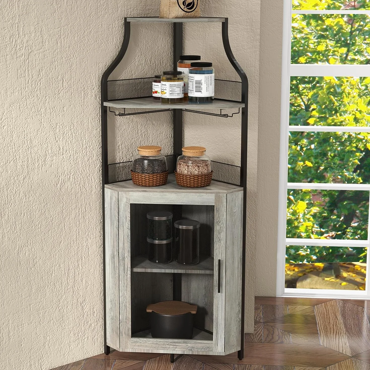 Armadietto angolare in legno con 2 supporti in vetro, armadio ad angolo con ante in metallo e 4 ripiani, cucina con superficie di lavoro, mobili da bar per ingresso, soggiorno, cucina (152 x 90 x 32