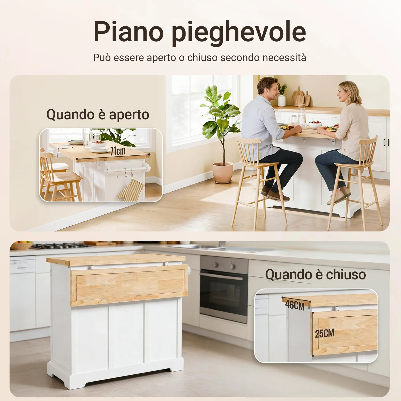 SoBuy isola cucina con ruote carrello da cucina con piano di lavoro pieghevole mobile cucina con ruote penisola cucina piano lavoro Bianco 115x92x(46-71) cm FKW71-III-WN