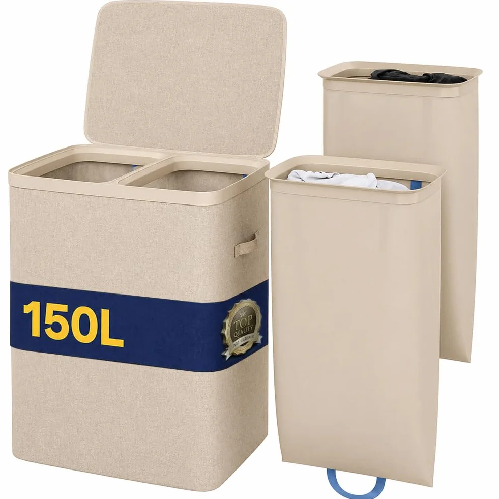 BAKAJI Cesto Portabiancheria Sporca a 2 Scomparti, Cestino Doppio in Poliestere con Sacchi Estraibili per Biancheria e Bucato con Maniglie, Coperchio Antiodore, 56 x 40 x 67 cm (Beige)