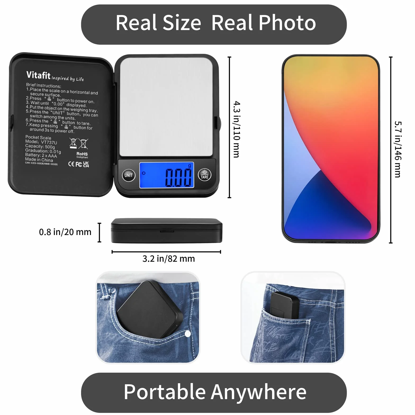 Vitafit Tascabile Digitale 500g/0,01g con Tara e Calibrazione Alimenti Pesa Bilance, Mini Bilancia di Precisione Digitale per Cucina Gioielli Oro Bilancia, 11x8.2cm, Nera