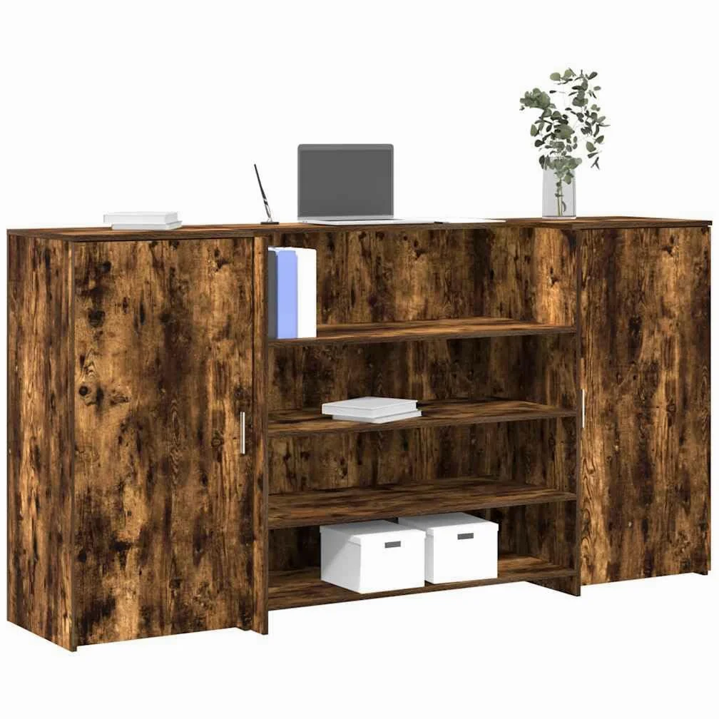 Bancone da ricevimento in rovere affumicato, 200 x 50 x 103,5 cm, bancone per ricevimento in legno con bancone e armadietto, bancone modulare, per ufficio, studio e studio