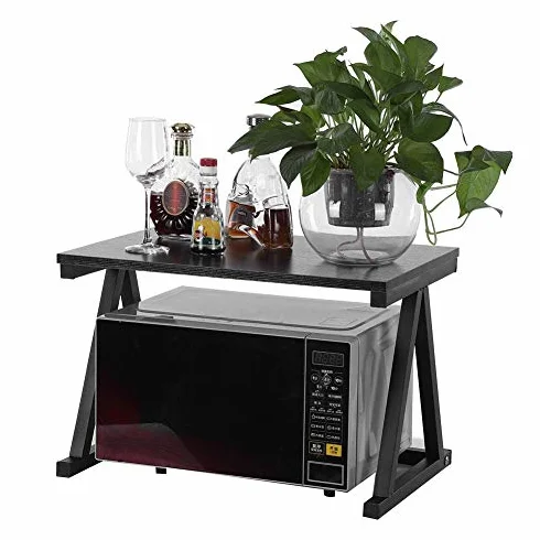 Wakects Mensola per Forno a Microonde, Allungabile Forno a Microonde, in Metallo e Legno, Ripiano della del Forno 2 Livelli Mensola Microonde, 57 * 34 * 36 cm(Nero)