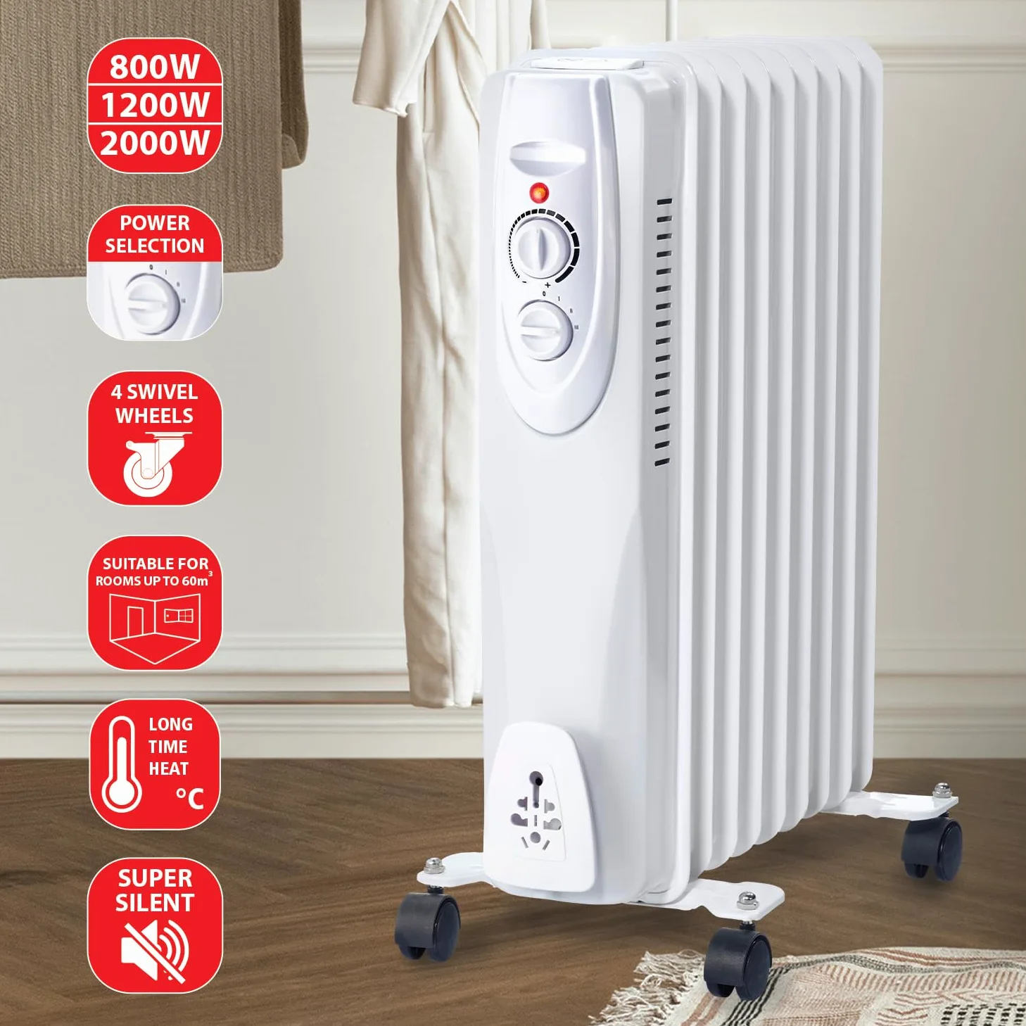 Velamp Radiatore ad Olio 9 elementi 2000 W – riscaldamento silenzioso e uniforme, 9 lamelle efficienti, termostato regolabile, ruote trasportabili
