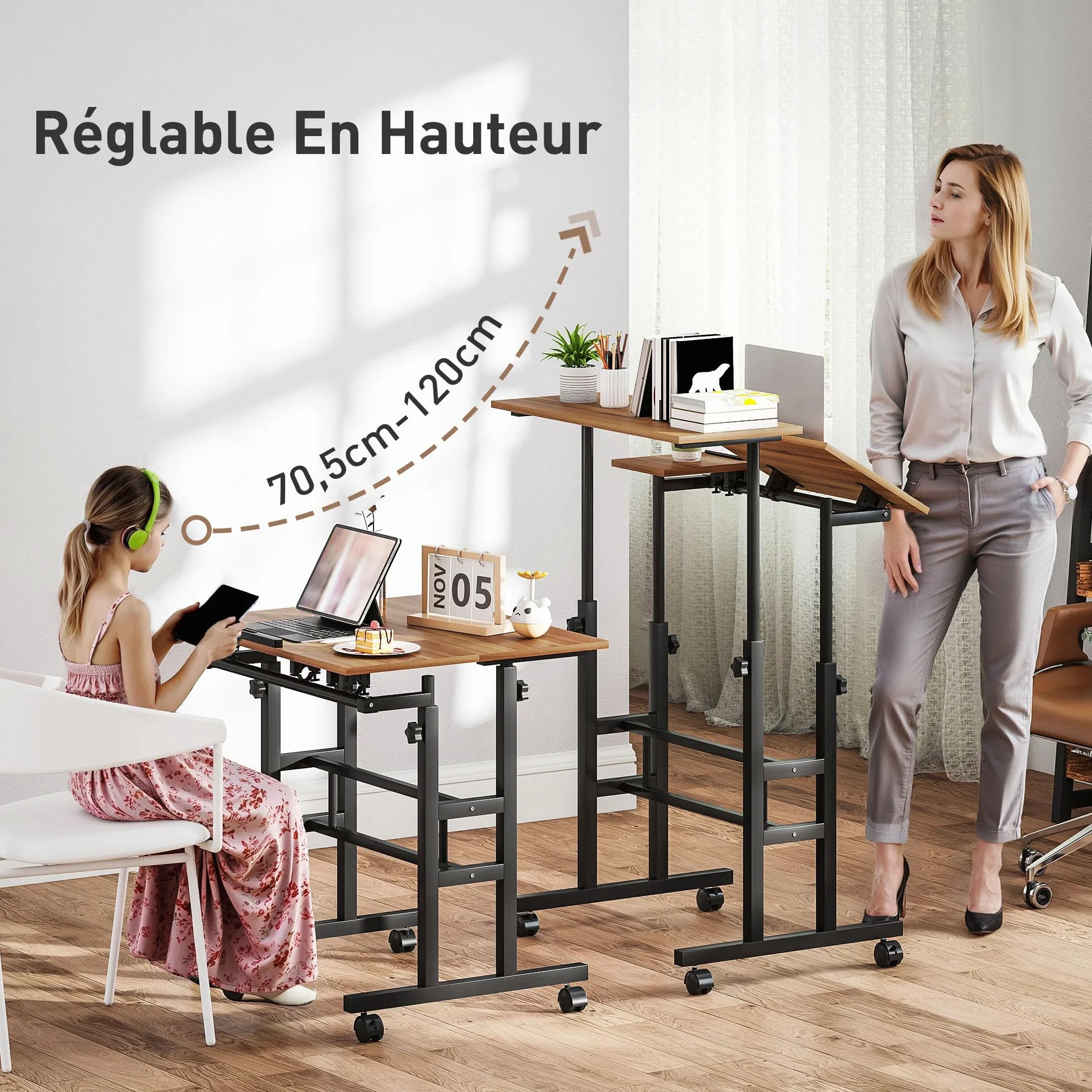 HOMCOM Scrivania sit-stand regolabile in altezza 70x60cm Marrone | Scrivania computer su ruote, piano inclinabile, postazione di lavoro per camera da letto, piccoli spazi