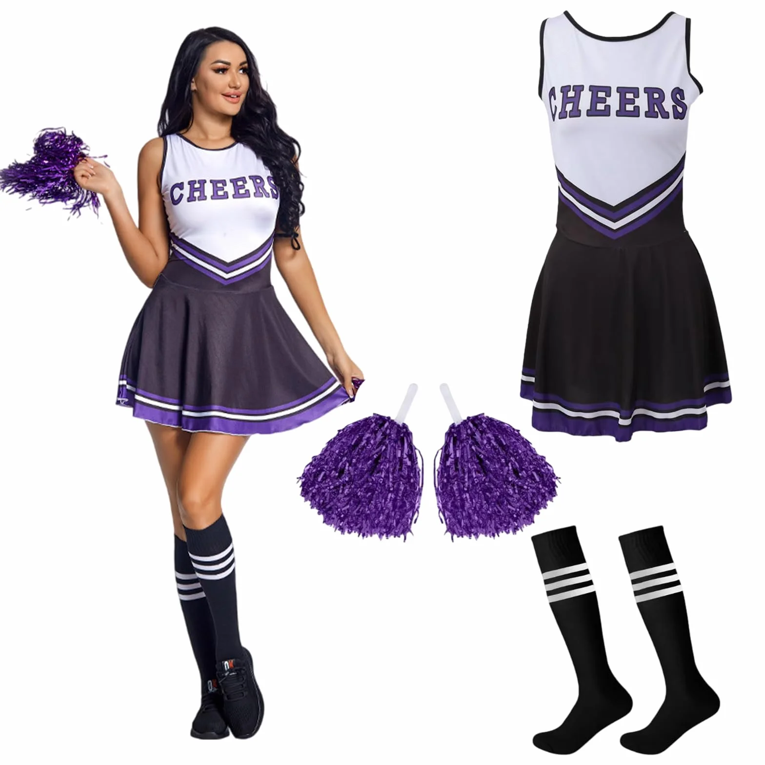 Cheerleader Fancy Dress Outfit with Pom Poms for Women Girls Adult Costume