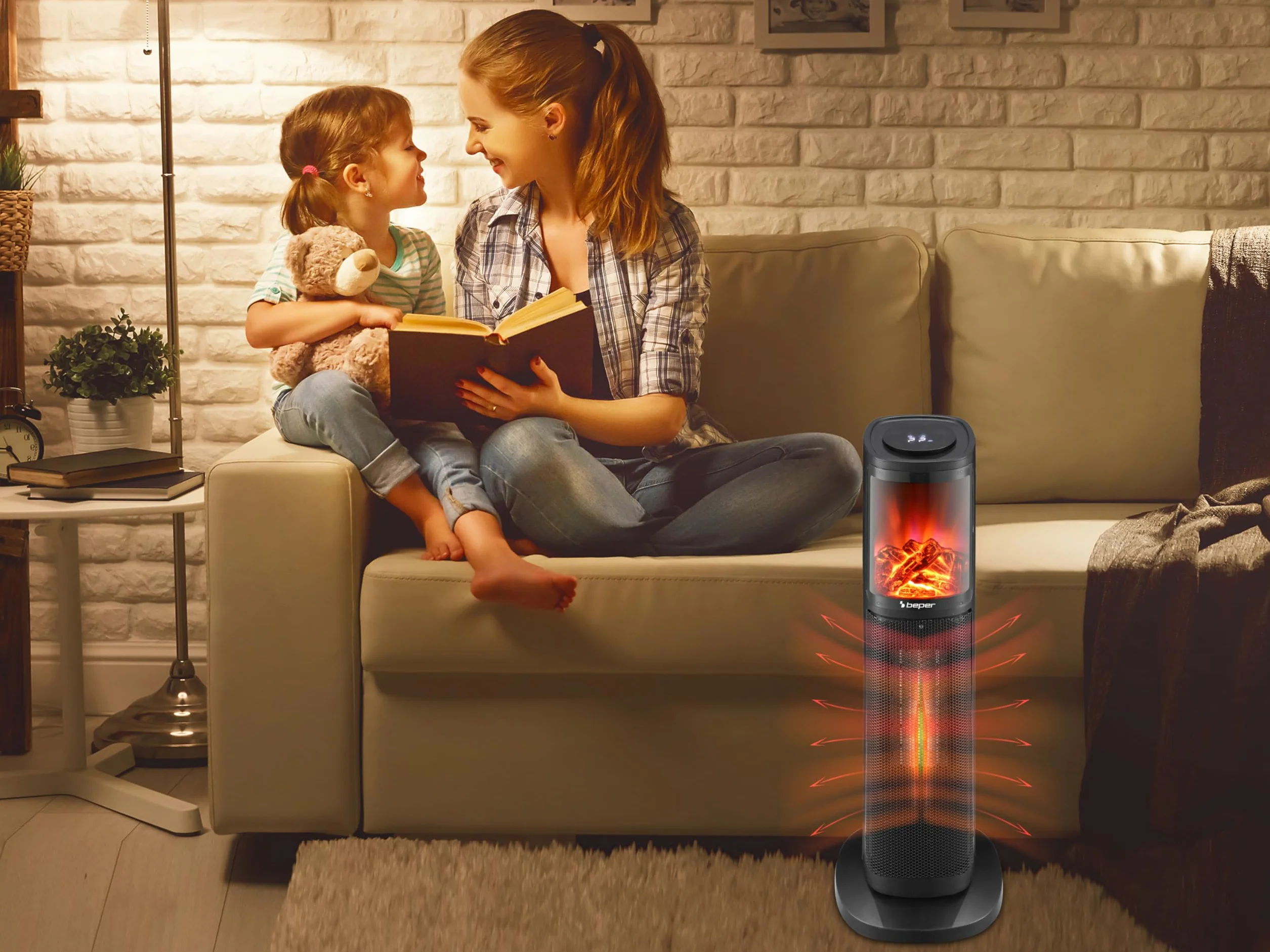 BEPER P203TER010 Termoventilatore ceramico a colonna, 2000w, Pannello di controllo touch, Fiamma LED, Telecomando incluso, Nero