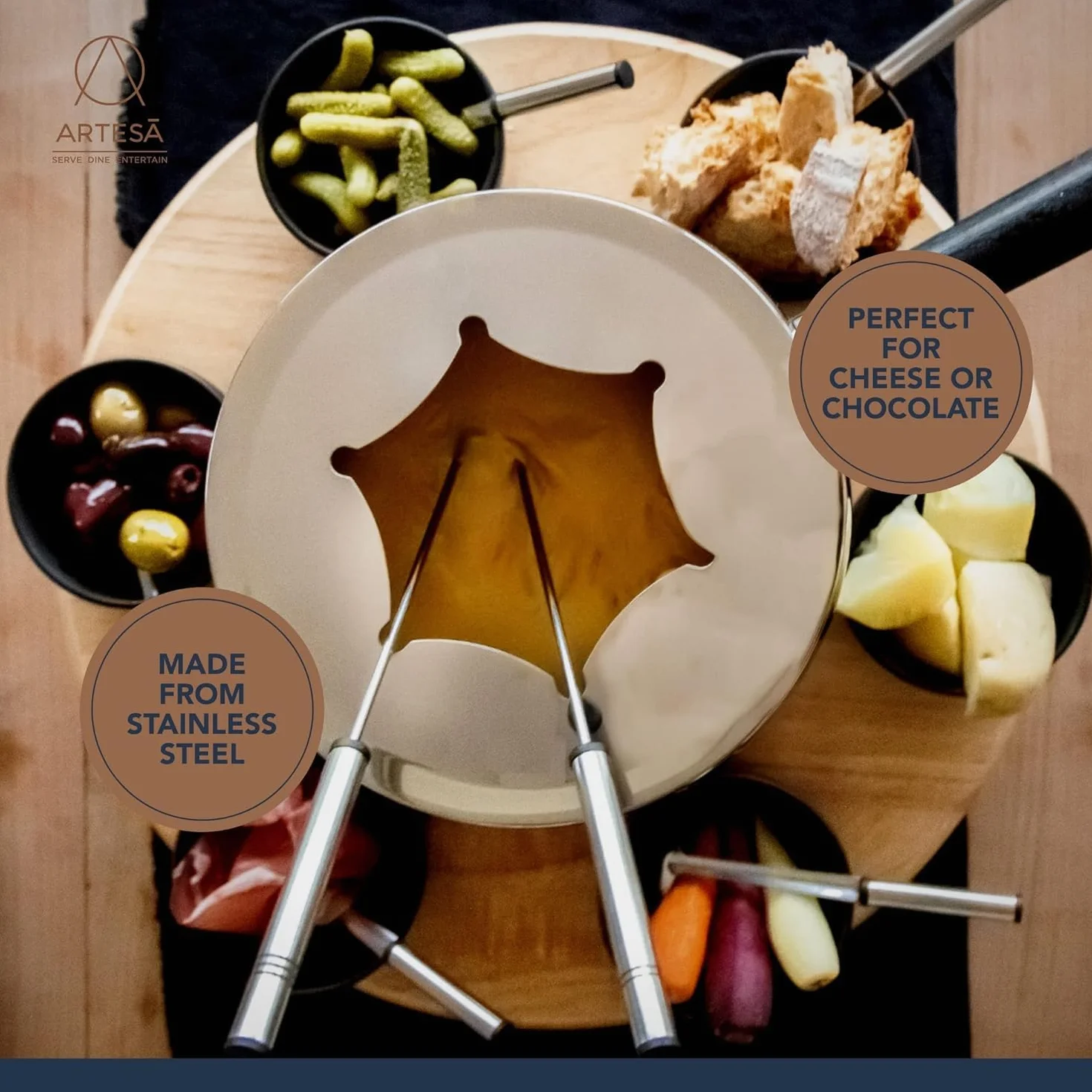 Artesà Zestaw do Fondue z Lazy Susan, 22-częściowy, Stal Nierdzewna, Czarny