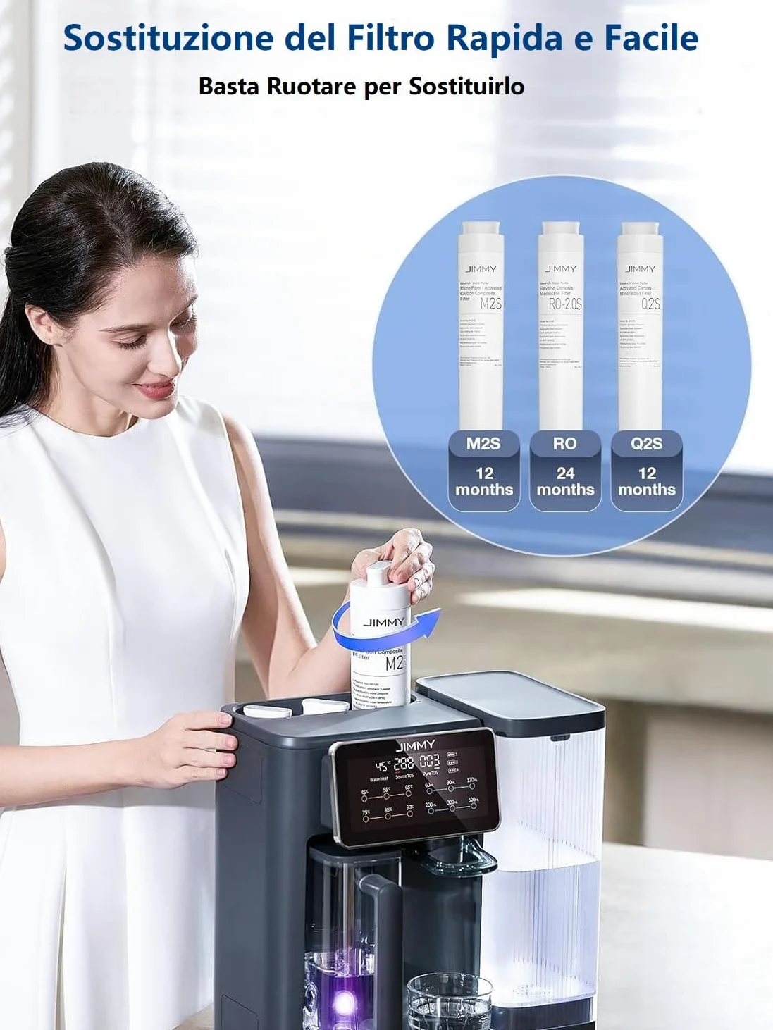 Jimmy R9 Purificatore d'acqua ad osmosi inversa Domestica per Controsoffitto Dispenser Acqua Calda 7 Fasi Filtrazione UV Riscaldamento 3S 7 Temperature Monitor TDS