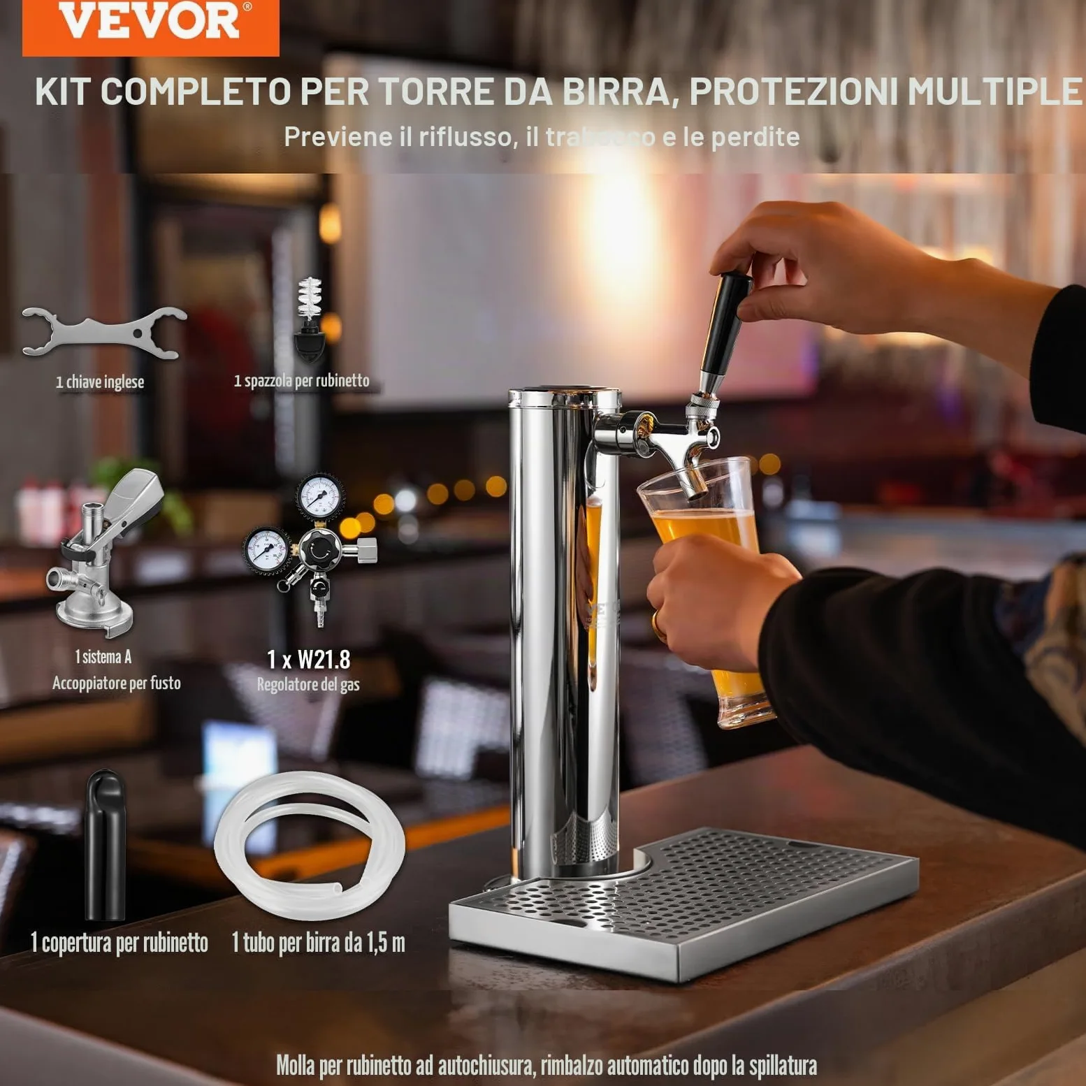 VEVOR Kit Distributore di Birra, Kit Conversione Birra Rubinetto Singolo, Dispensatore Torre Birra in Acciaio Inossidabile con Regolatore Doppio Calibro, Vassoio Gocciolamento Birra per Feste a Casa