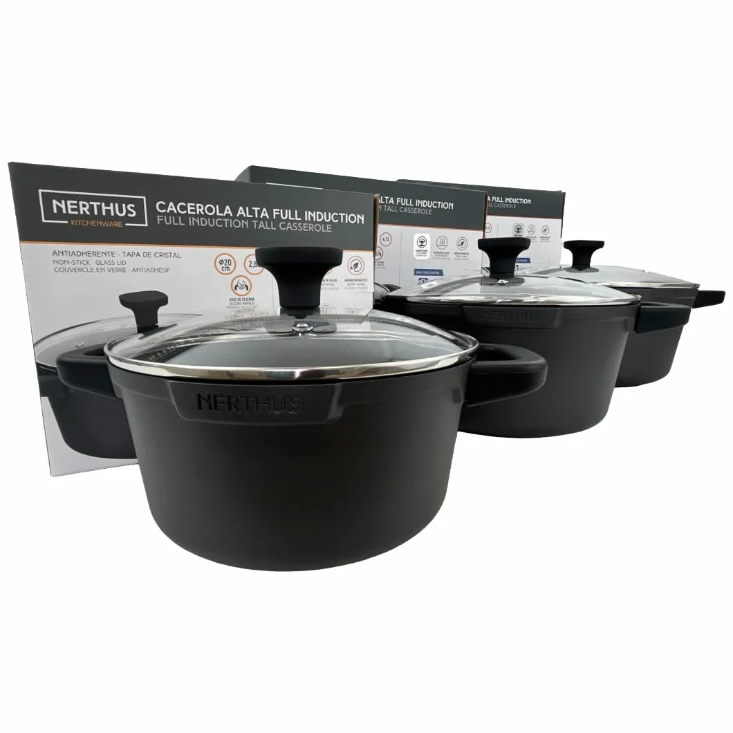 Nerthus FIH 1555 casseruola alta in alluminio pressofuso con rivestimento antiaderente quantanium adatta a induzione gas e vetroceramica coperchio in vetro con valvola e manici in silicone removibili