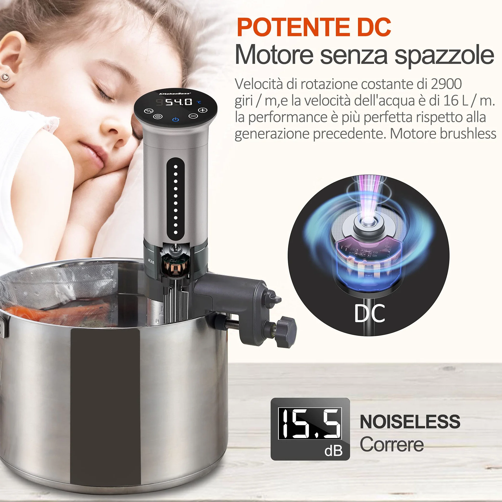 KitchenBoss Sous Vide Roner Cucina a Bassa Temperatura Slow Cooker Circolatore Termico Professionale IPX7 Impermeabile Timer Touch Screen Argento