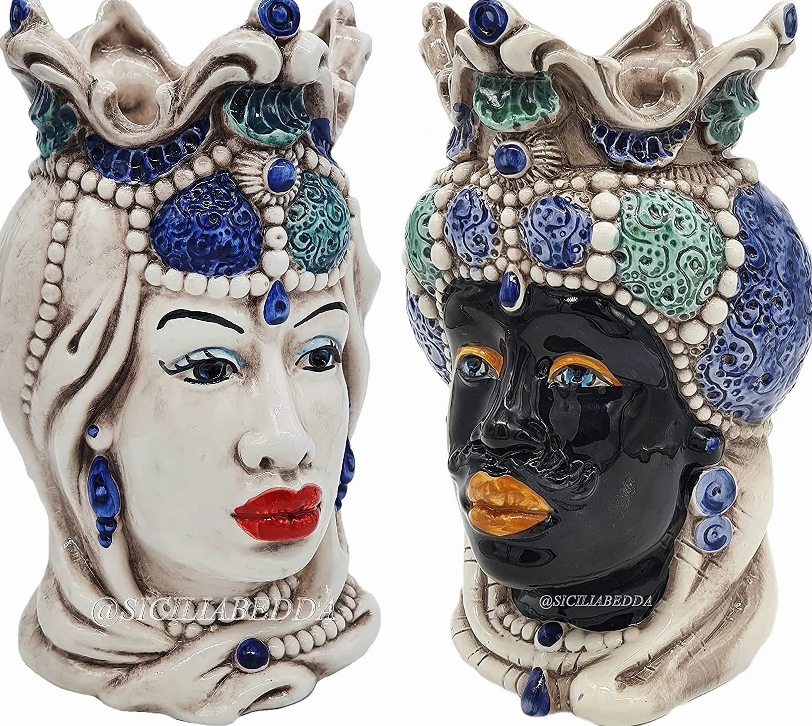 sicilia bedda - Teste di Moro Siciliane in Ceramica di Caltagirone - Realizzato Interamente a Mano - Altezza 18 Centimetri (Coppia Teste di Moro Saraceno Blu)
