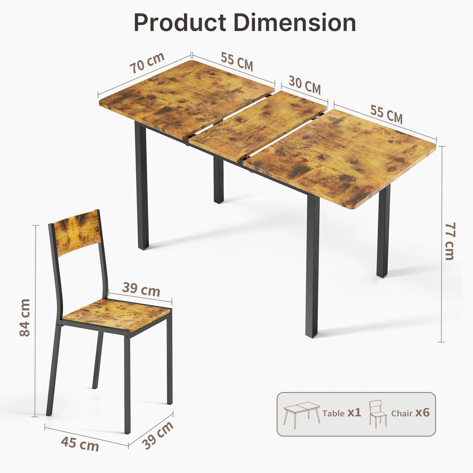 Xbro Set Tavolo e Sedie 6 Posti Allungabile, Tavolo da Pranzo con 6 Sedie, Salvaspazio, Struttura in Metallo Stabile, Facile da Montare, Cucina Soggiorno 110–140 cm