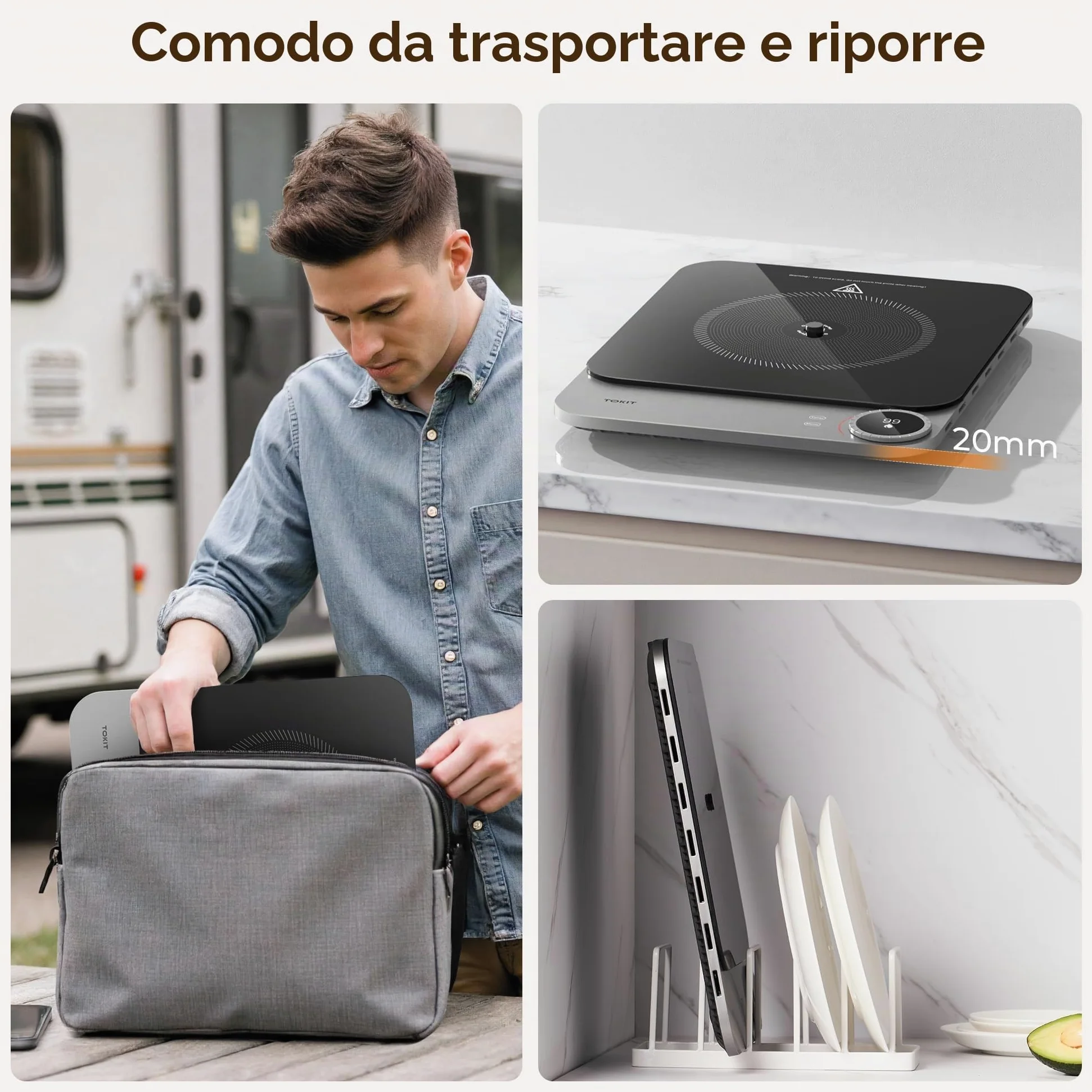 TOKIT Piastra Di Cottura A Induzione, Fuoco A 99 Livelli, Manopola+Controllo A Sfioramento,2100 W, Con Display Oled, Timer, Sensore Di Temperatura Ultra Sottile Da 20 Mm Controllo Tramite App