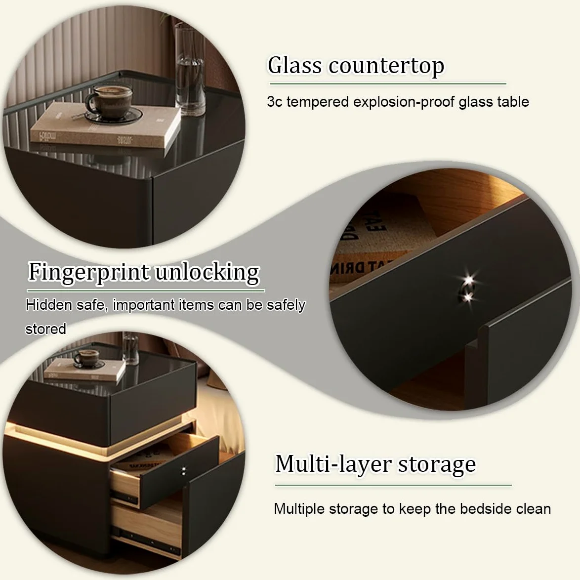 Comodino moderno, intelligente in legno , comodino con scomparto segreto Design Moderno Minimal Striscia Con sblocco tramite impronta digitale LED in legno per Camera da Letto, Soggiorno(White-A)