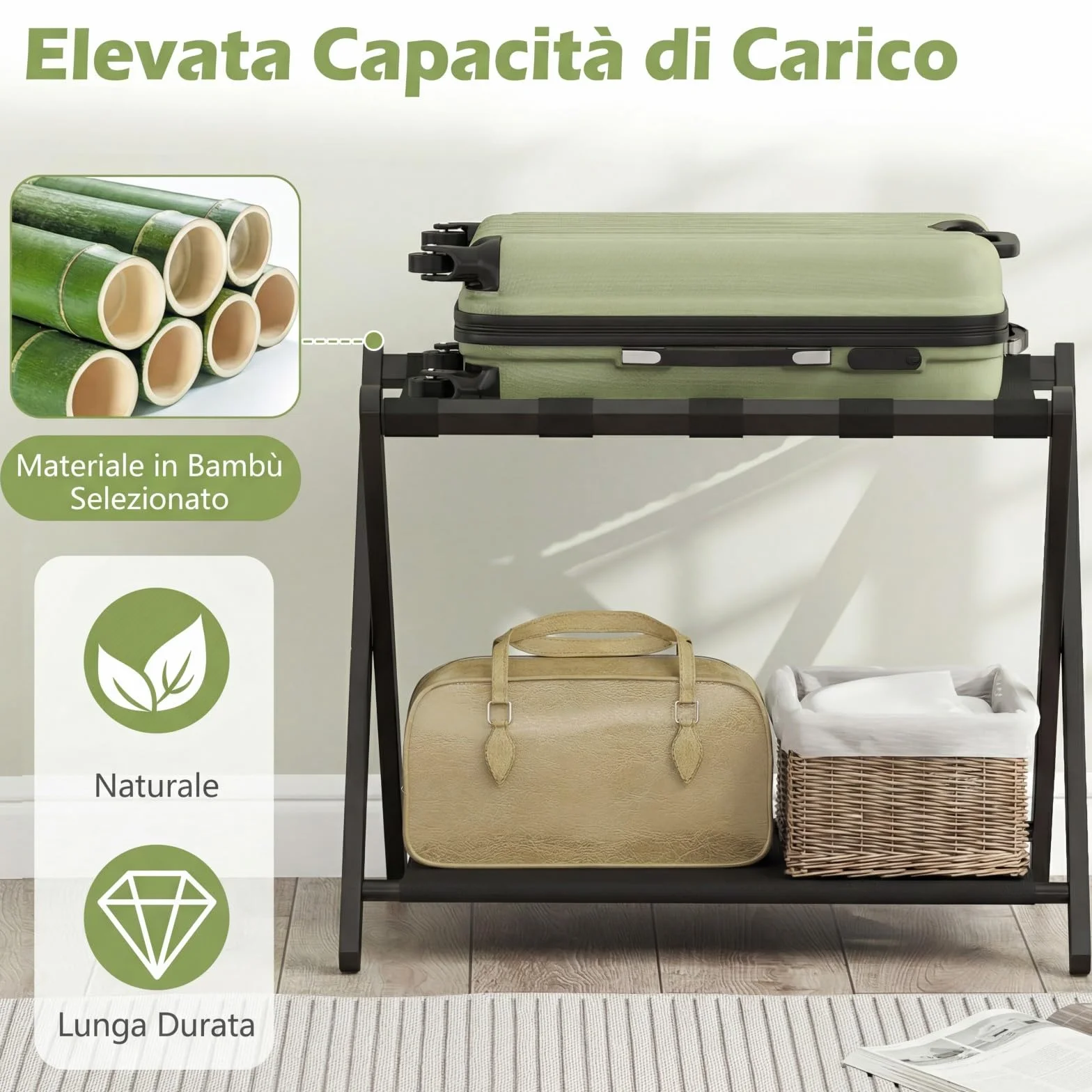 COSTWAY 2 Pz Portavaligia Pieghevole in Bamboo con Cinghie, Tessuto Oxford, Portata 65 kg, Nero