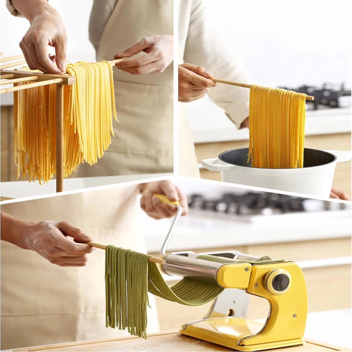 Stendino per Pasta, Stendino per Pasta Fresca, Essiccatore per Pasta, Stendino per Pasta Pieghevole in Legno con Asta di Trasferimento E 12 Aste, Stendino per Cucina Domestica