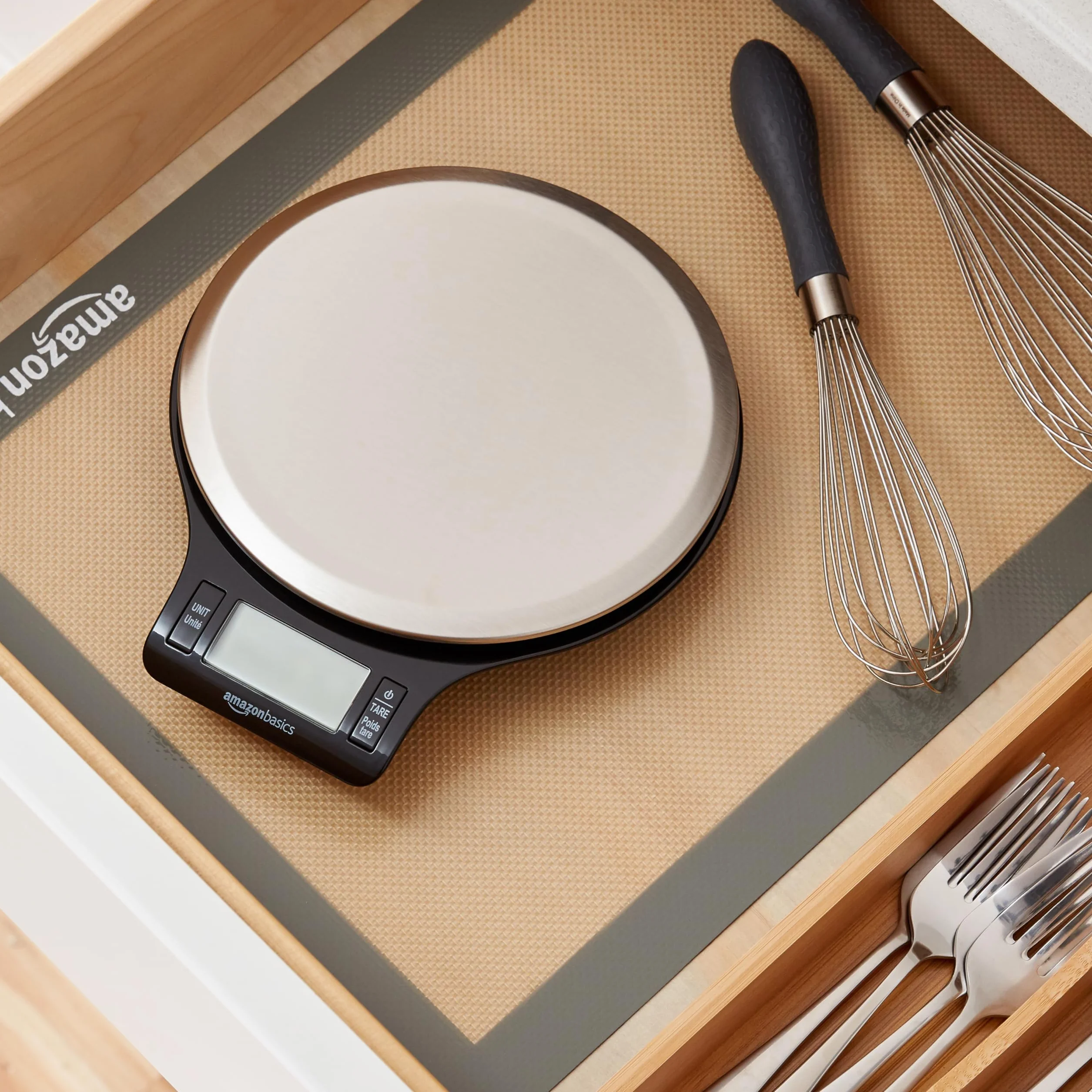 Amazon Basics Bilancia digitale da cucina con display LCD, priva di BPA, nero e acciaio inossidabile