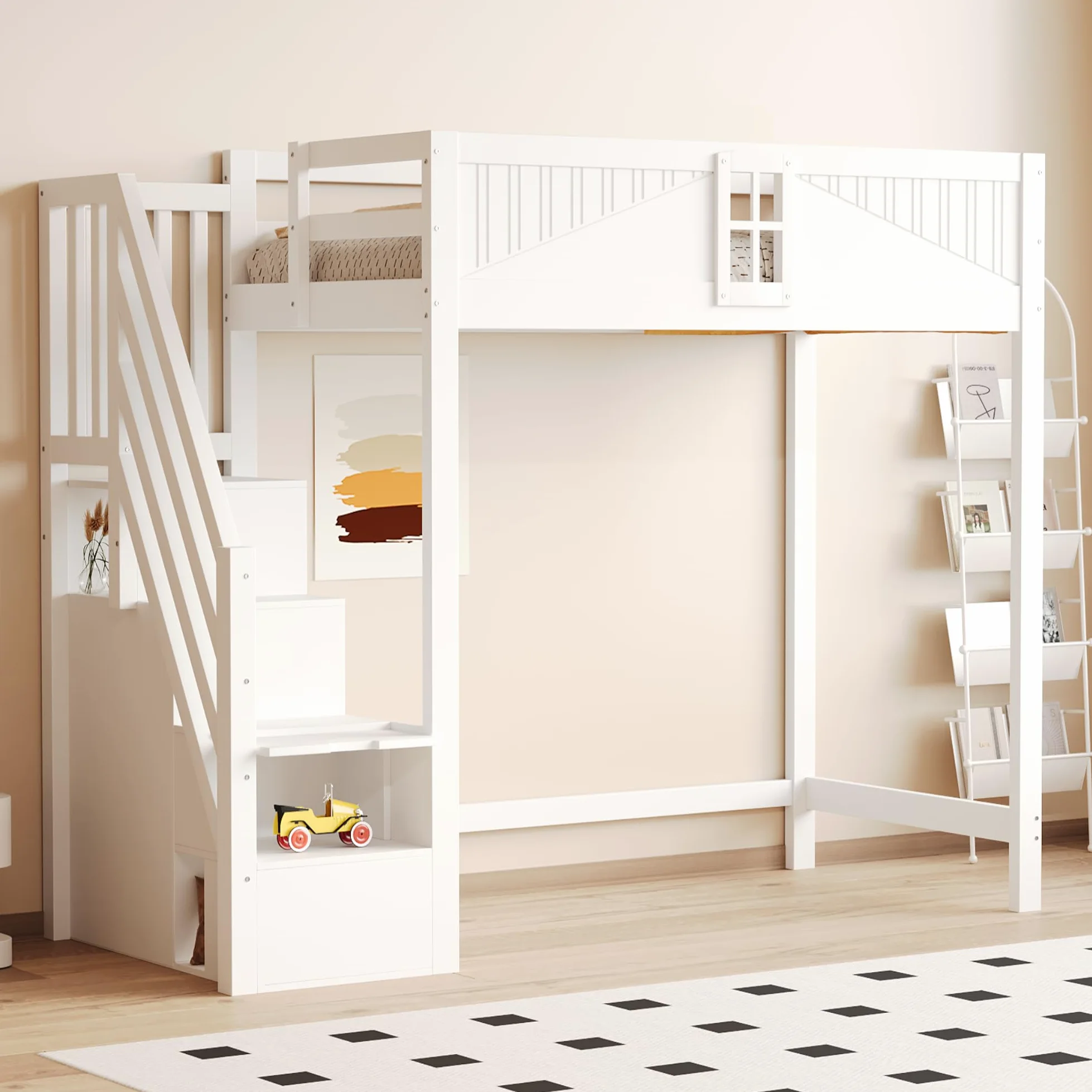 Azkoeesy Letto a soppalco per bambini con scala e armadio, 90 x 200 cm, in legno di pino, grigio-bianco, design a forma di finestra, per adulti e ragazzi (bianco)