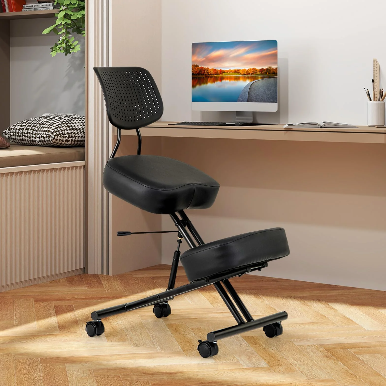 COSTWAY Sedia Ergonomica Inginocchiata con Schienale e Ruote, Sedia da Ginocchio Regolabile Posturale Struttura in Metallo, Sgabello Ergonomica per Casa e Ufficio (con Schienale)