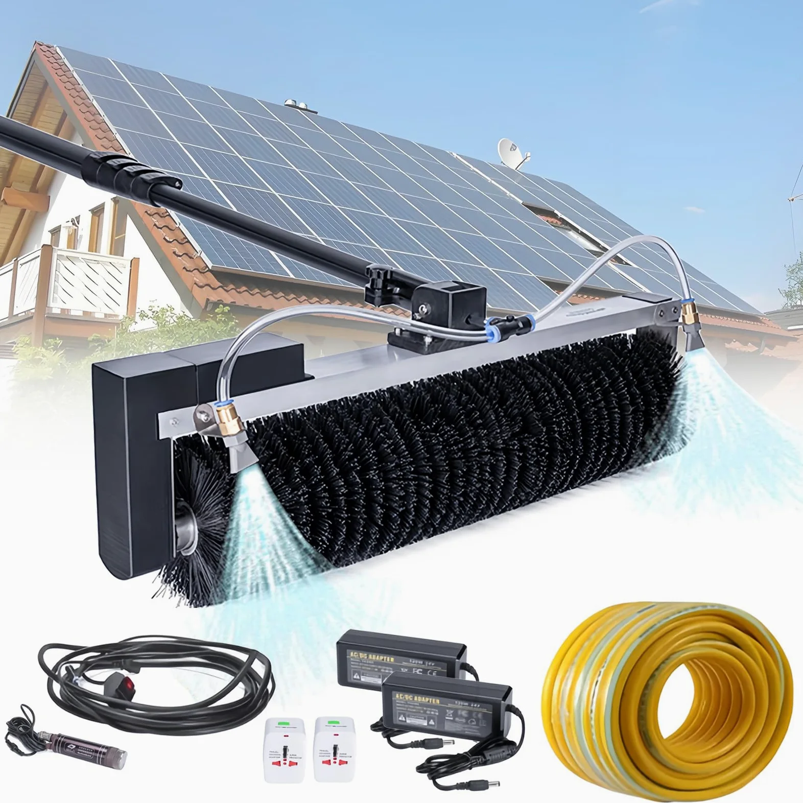 Kit per La Pulizia dei Pannelli Solari,Spazzola Rotante Automatica per La Pulizia,Spazzola per Pannelli Solari/Tetti,Spazzola Speciale per L'acqua del Tetto con Asta di Prolunga Regolabile,7.5M/25Ft