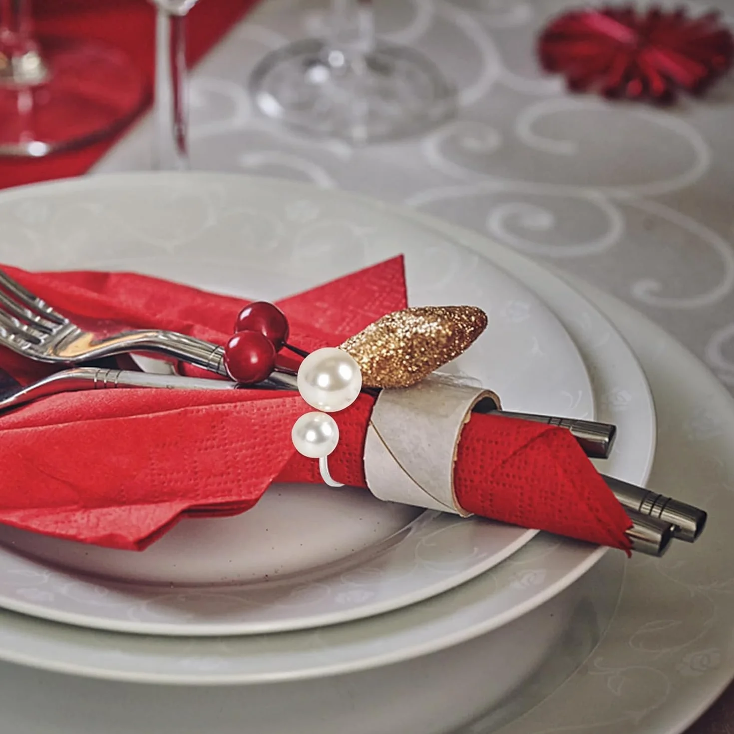 12PCS Anelli per Tovaglioli di Perle Portatovaglioli con Perline Fibbia Tovagliolo Argento per Decorazione da Tavolo Feste Natale San Valentino Matrimonio Compleanno