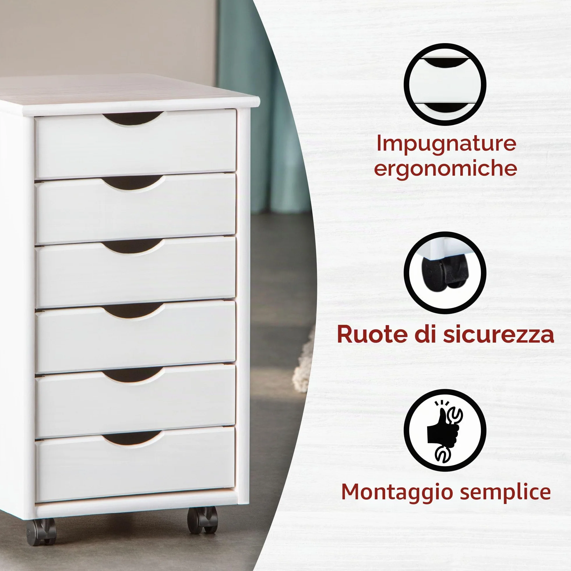 Piedistallo mobile con 6 cassetti Legno di pino massiccio Laccato bianco 35 x 40 x 65 cm Simon